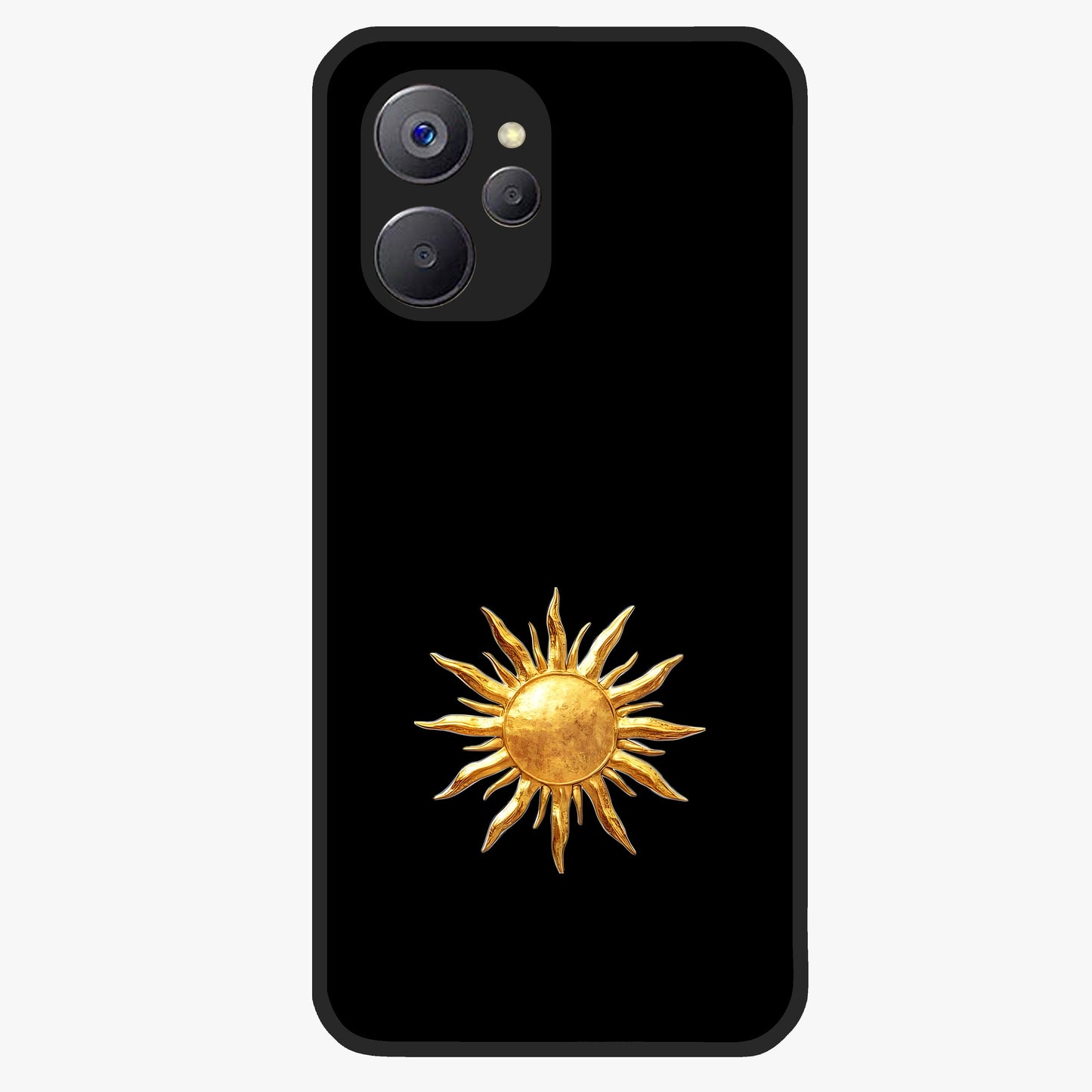 Golden Sun Minimalism Glass Case showing flat back view with minimal golden sun artwork and glossy glass finish.