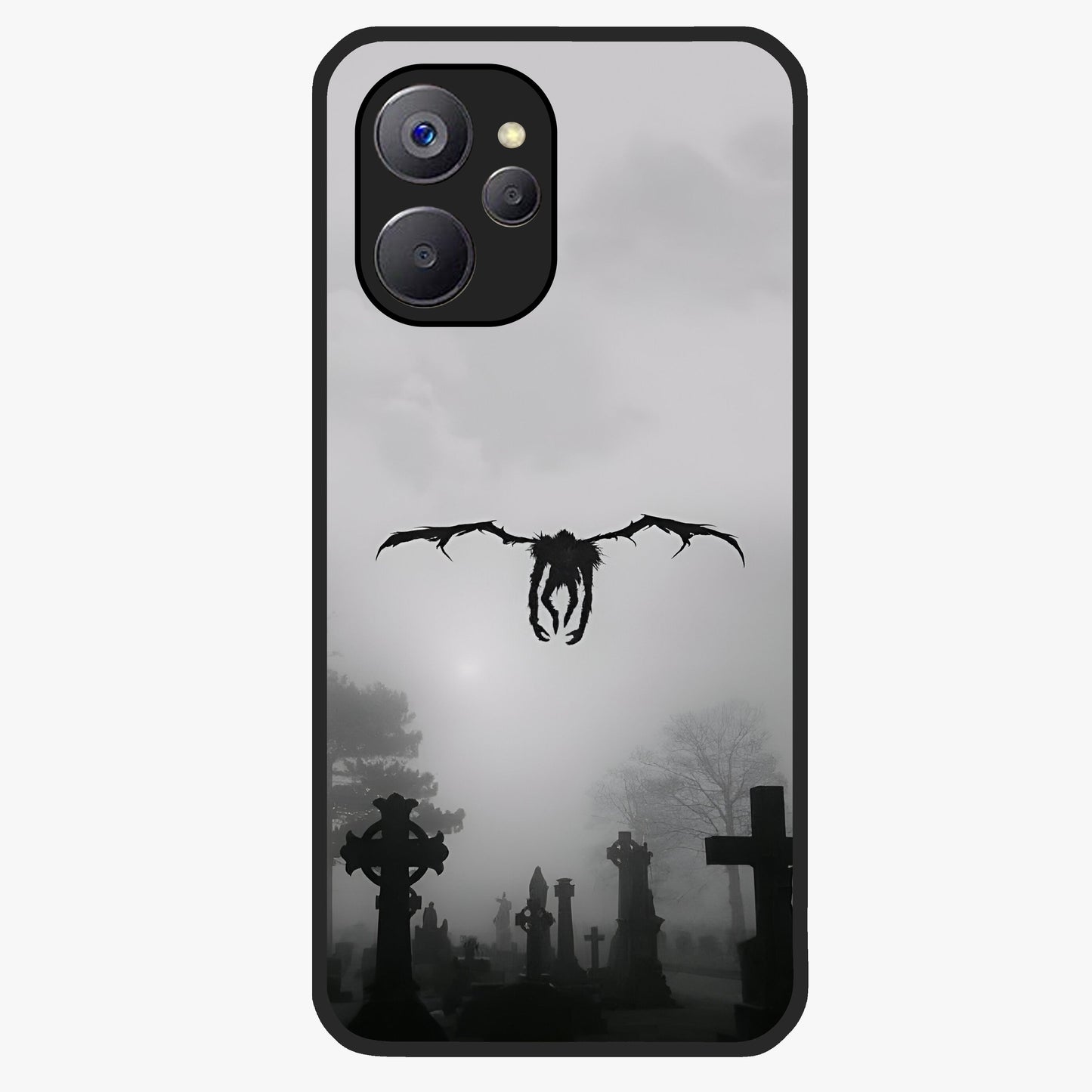 Graveyard Shadow Descent Glass Case showing flat back view with dark graveyard themed artwork and glossy glass finish.