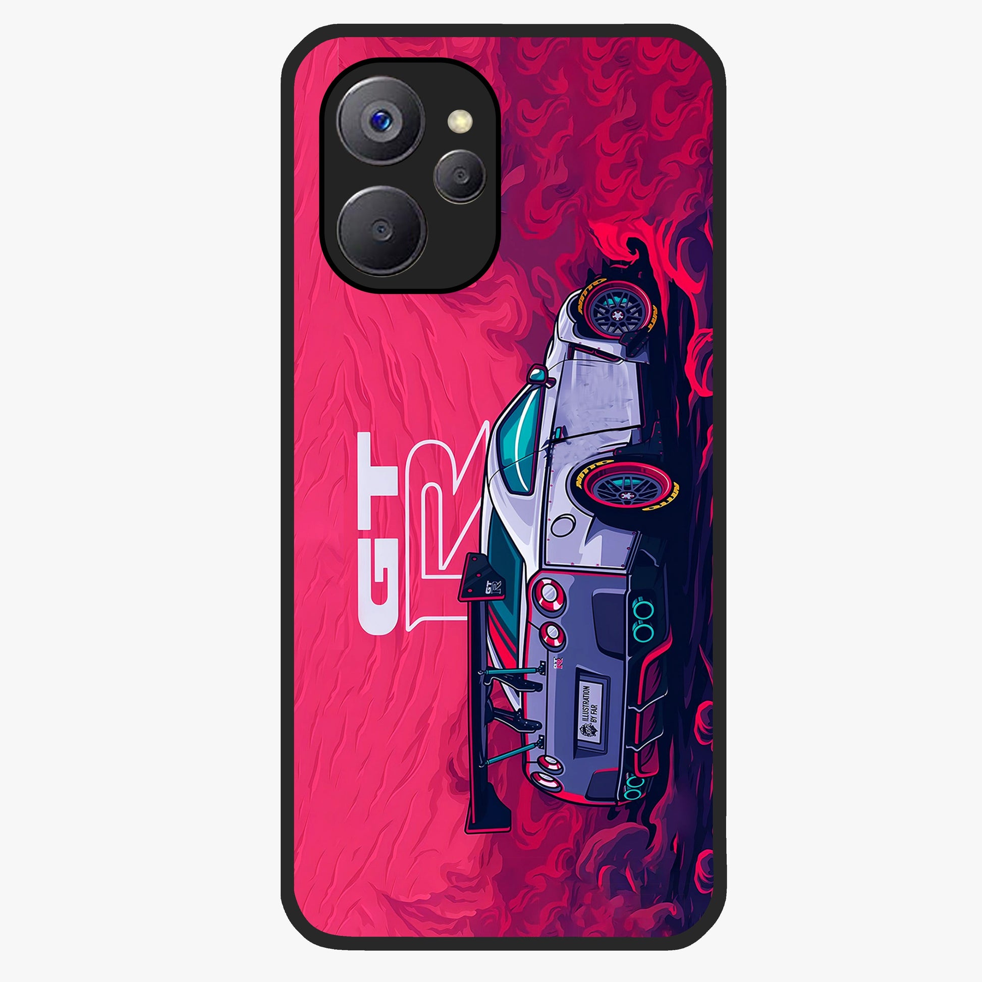 GT-R Car Pattern Glass Case showing flat back view with sporty car inspired pattern artwork and glossy glass finish.