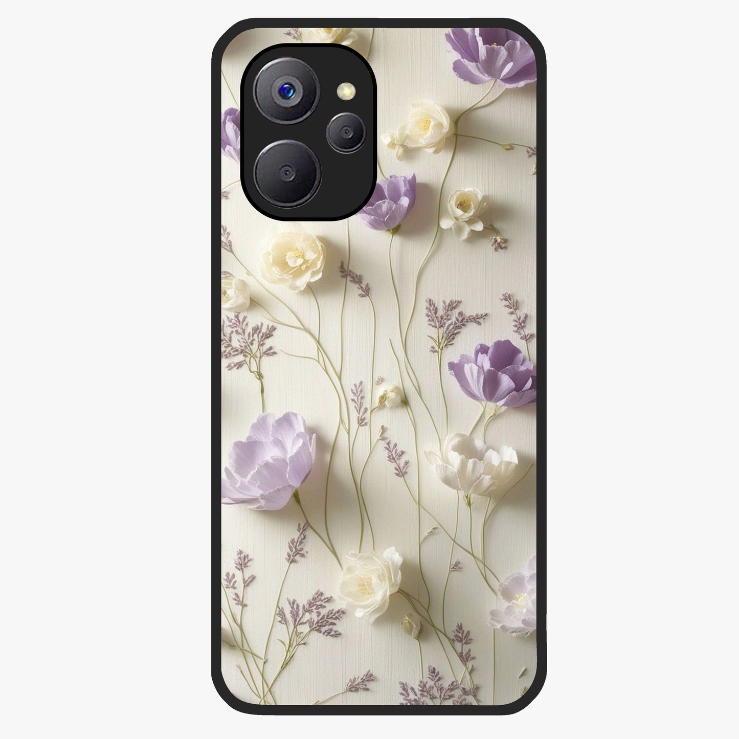 Lilac Breeze Harmony Glass Case showing flat back view with soft lilac themed artwork and glossy glass finish.