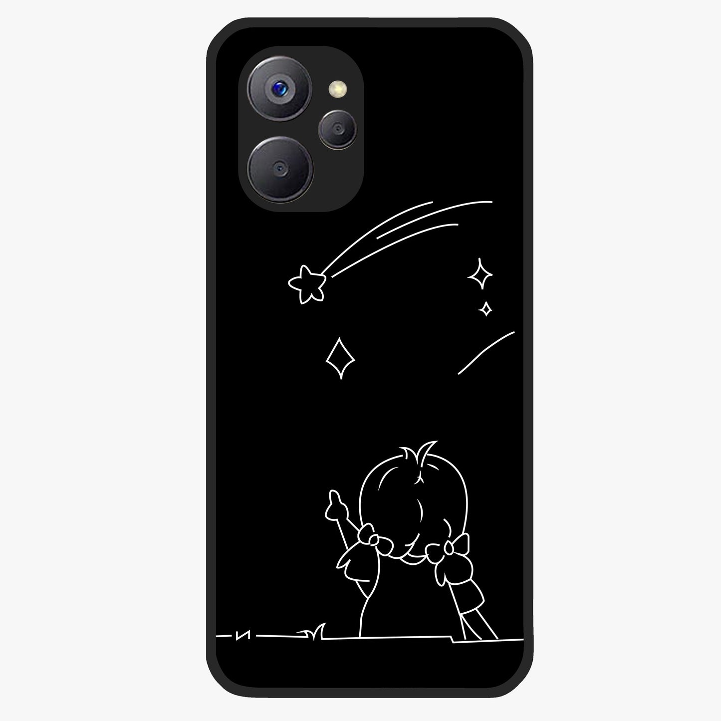 Line Art Girl With Shooting Stars Glass Case showing flat back view with minimal line art girl and shooting stars illustration and glossy glass finish.