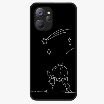 Line Art Girl With Shooting Stars Glass Case showing flat back view with minimal line art girl and shooting stars illustration and glossy glass finish.