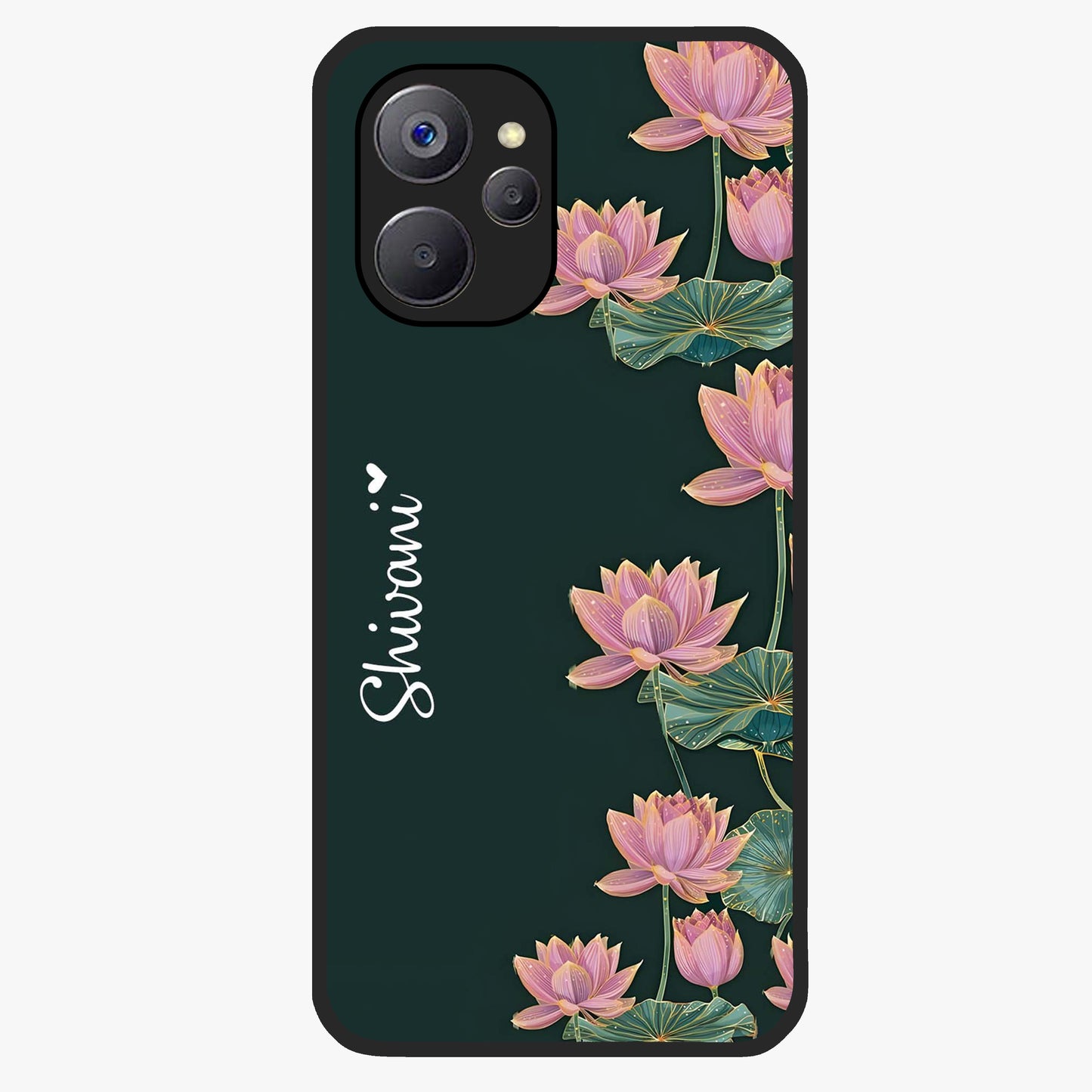 Lotus Bloom Serenity Custom Name Glass Case showing flat back view with elegant lotus flower artwork and personalized name design.