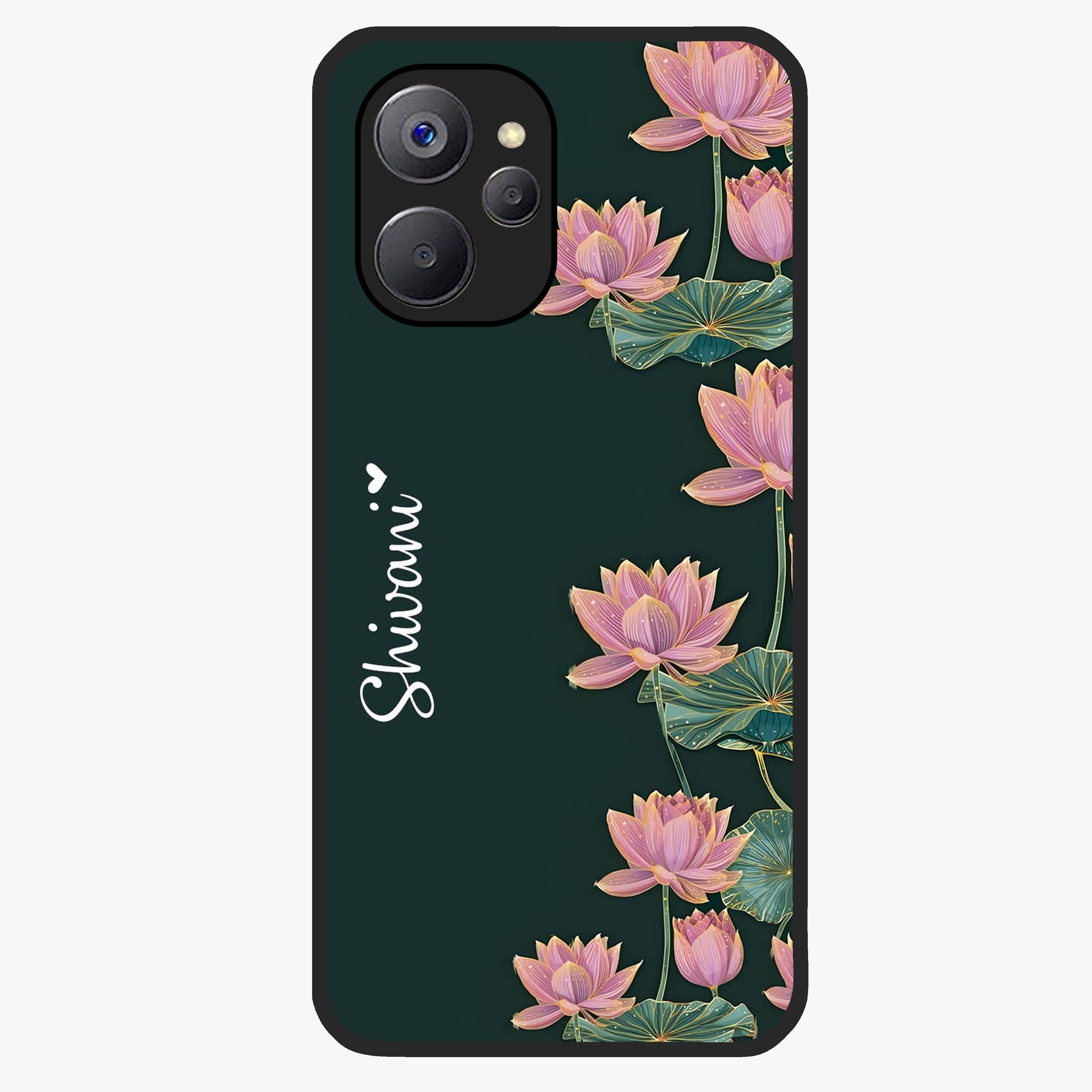 Lotus Bloom Serenity Custom Name Glass Case showing flat back view with elegant lotus flower artwork and personalized name design.