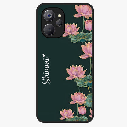 Lotus Bloom Serenity Custom Name Glass Case showing flat back view with elegant lotus flower artwork and personalized name design.