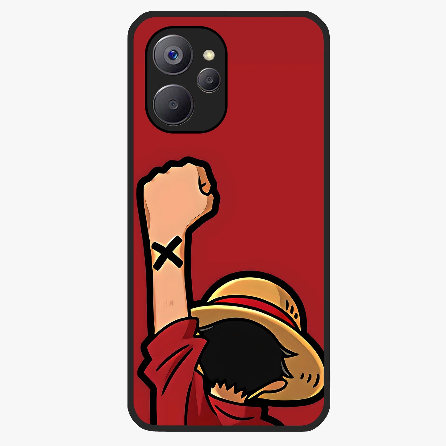 Luffy X Spirit Glass Case showing flat back view with bold anime character artwork and glossy glass finish.