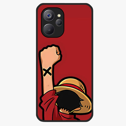Luffy X Spirit Glass Case showing flat back view with bold anime character artwork and glossy glass finish.