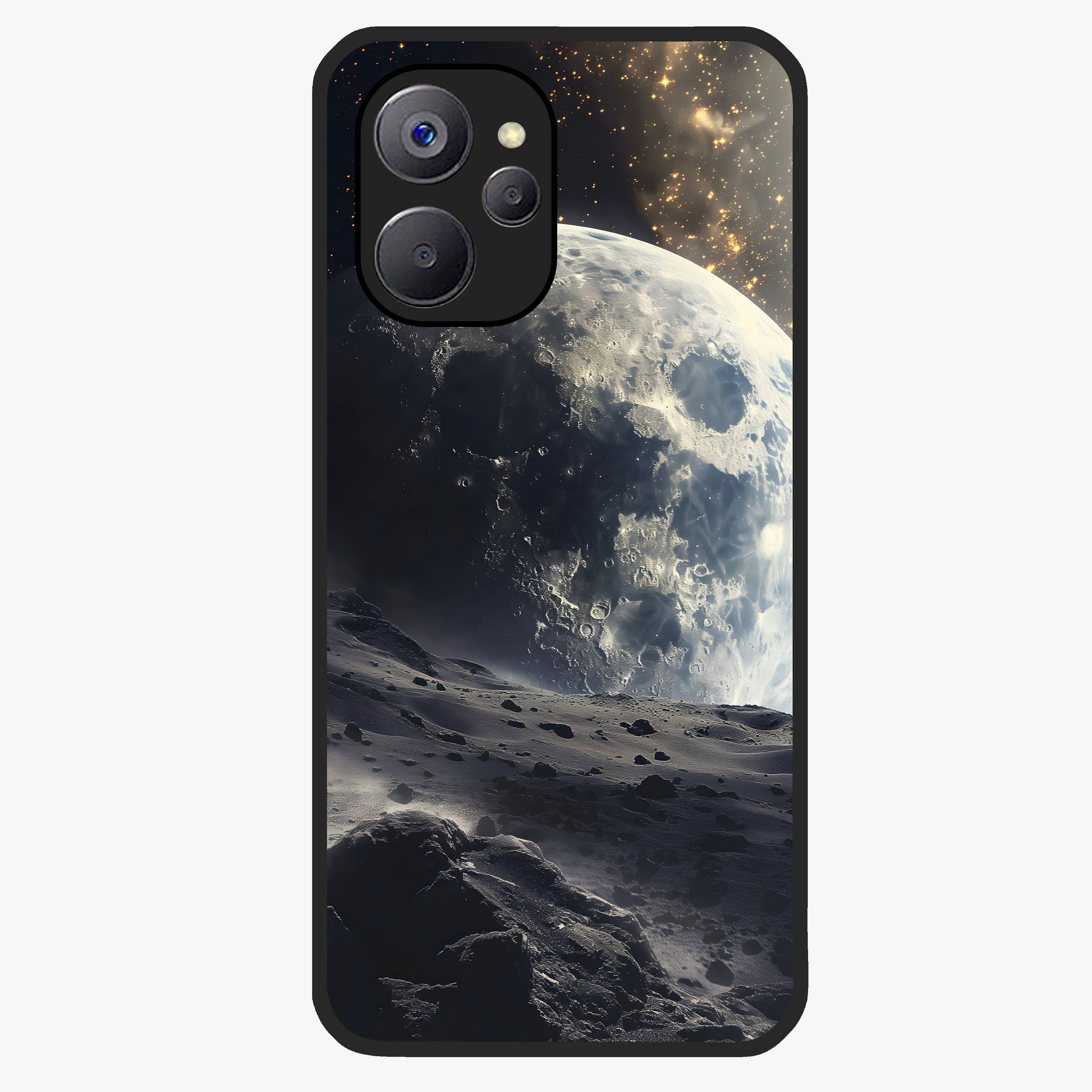 Lunar Horizon Glow Glass Case showing flat back view with glowing moon horizon artwork and glossy glass finish.