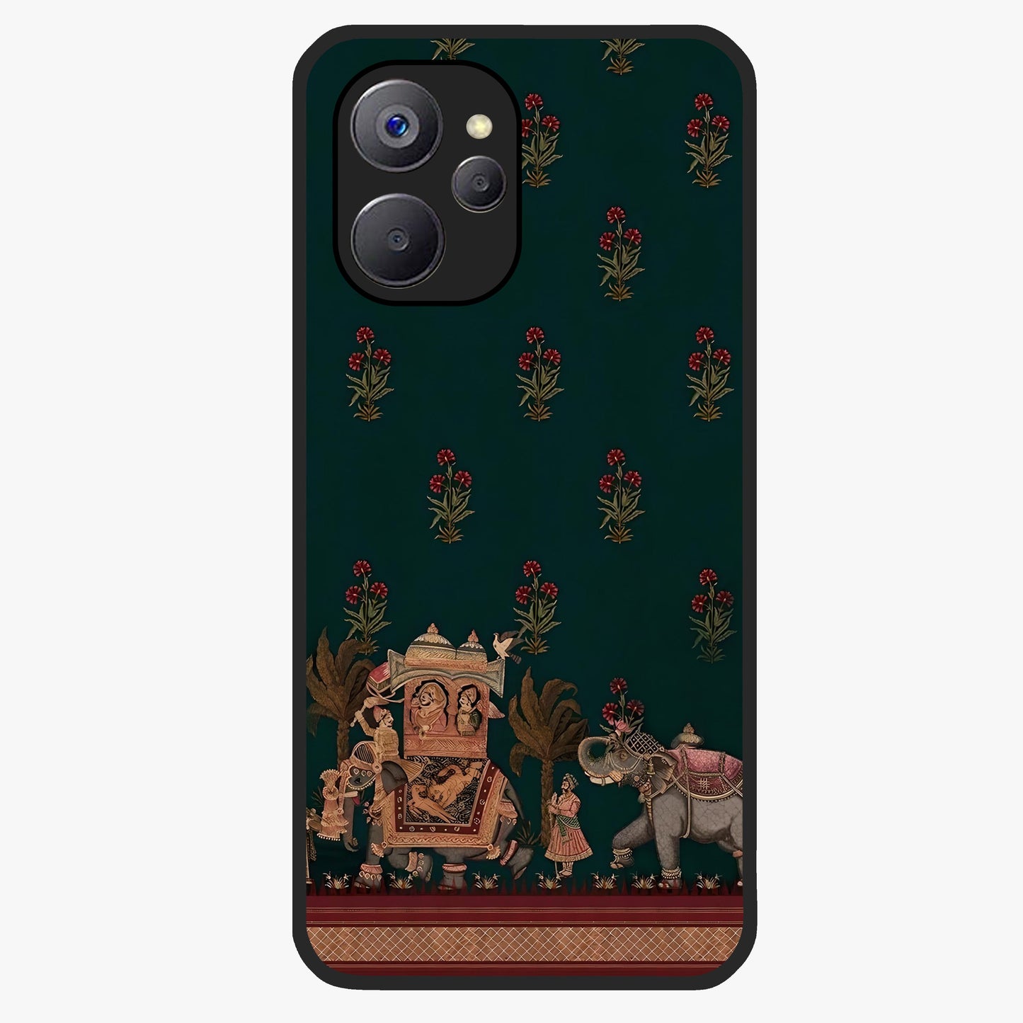 Macmerise Glass Case showing flat back view with stylish modern artwork and glossy glass finish.
