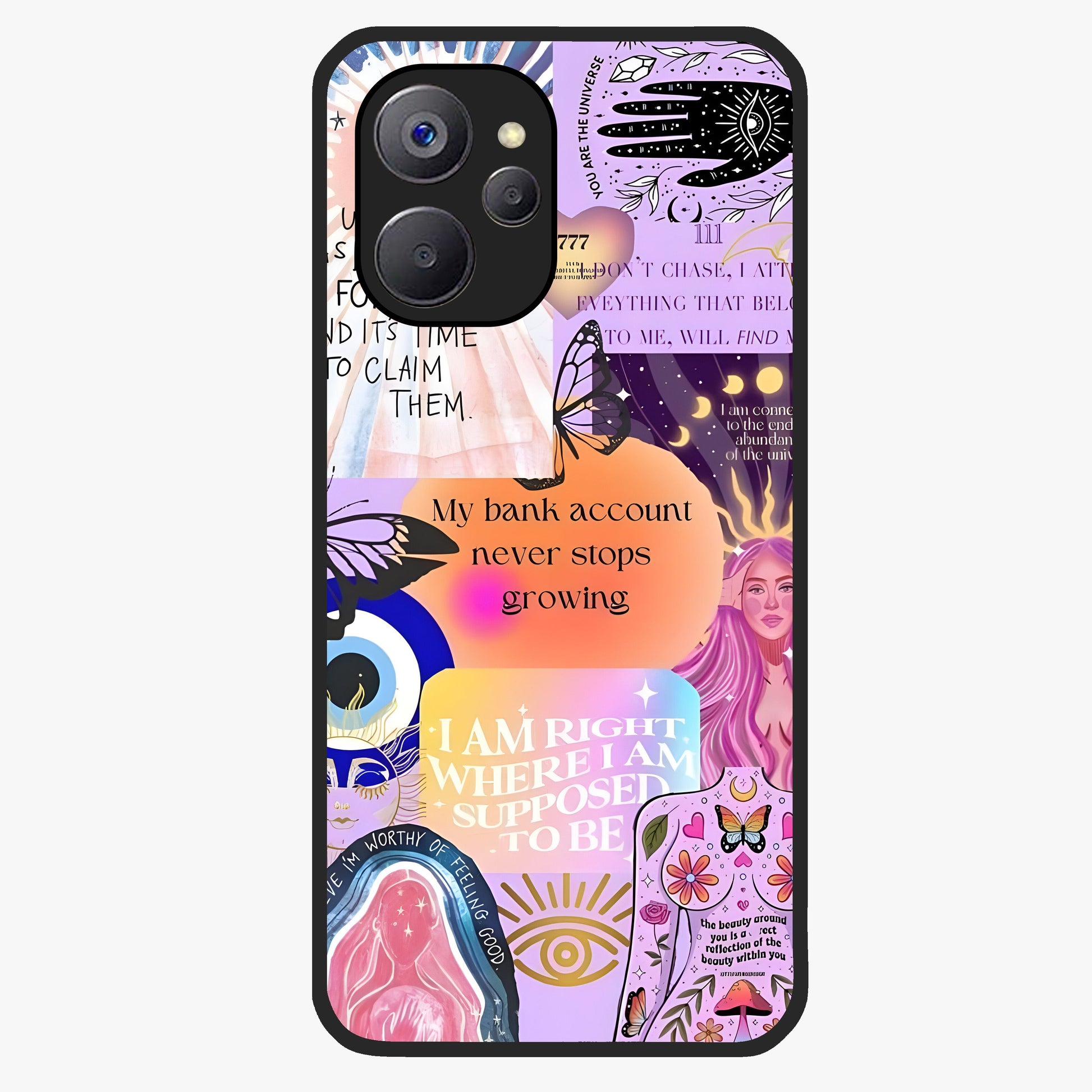 Manifestation Collage Glass Case showing flat back view with motivational collage artwork and glossy glass finish.