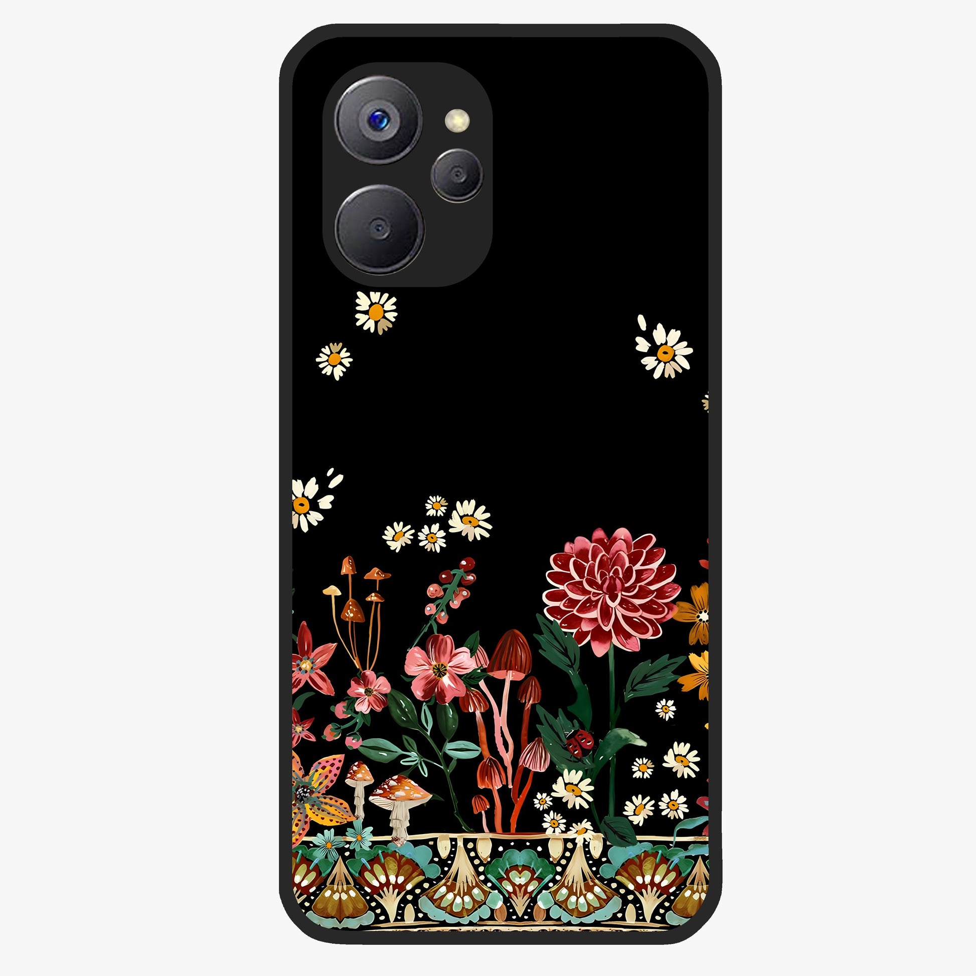 Midnight Bloom Pattern Glass Case showing flat back view with dark floral pattern artwork and glossy glass finish.