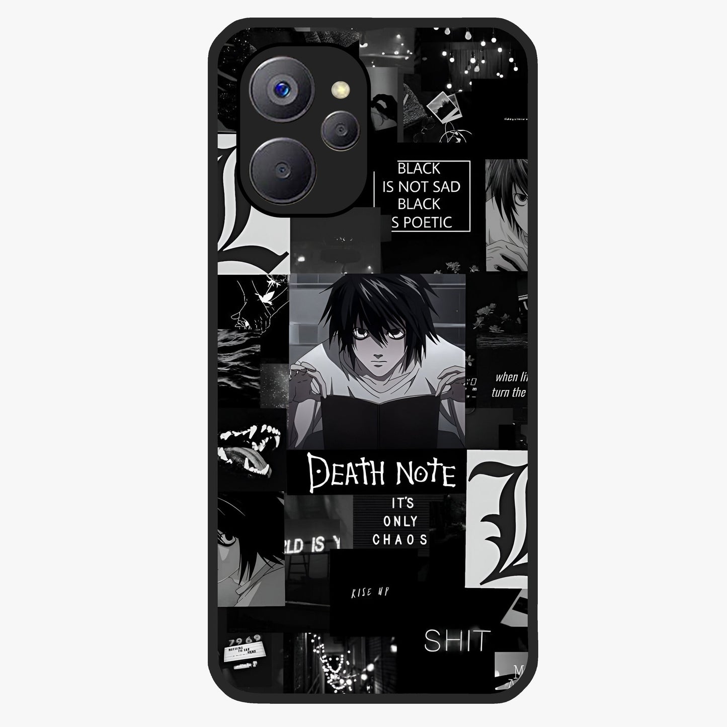 Midnight Chaos Mind Glass Case showing flat back view with abstract dark themed artwork and glossy glass finish.