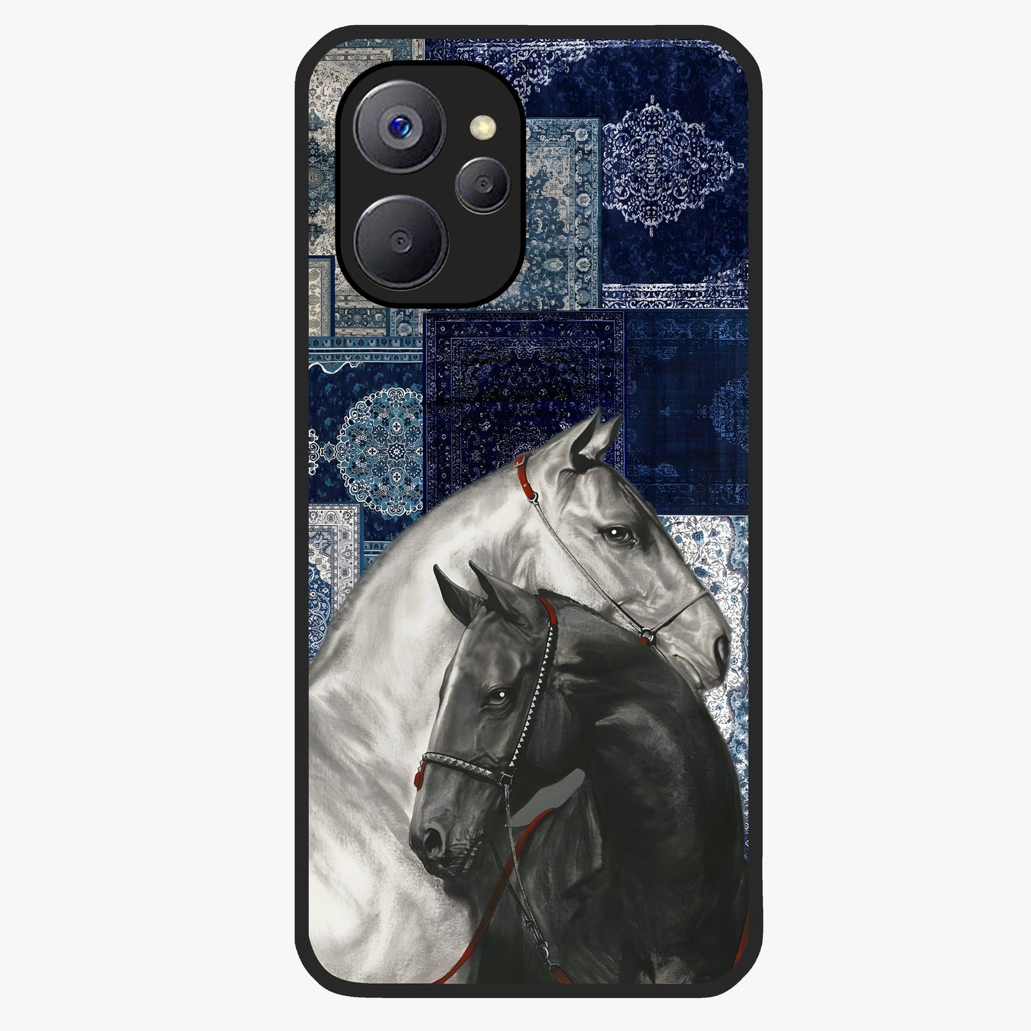 Midnight Stallion Blues Glass Case showing flat back view with majestic horse artwork and glossy glass finish.