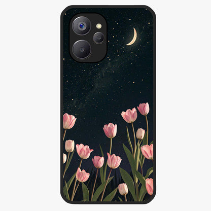 Midnight Tulip Whispers Vibe Glass Case showing flat back view with elegant tulip flower artwork and glossy glass finish.