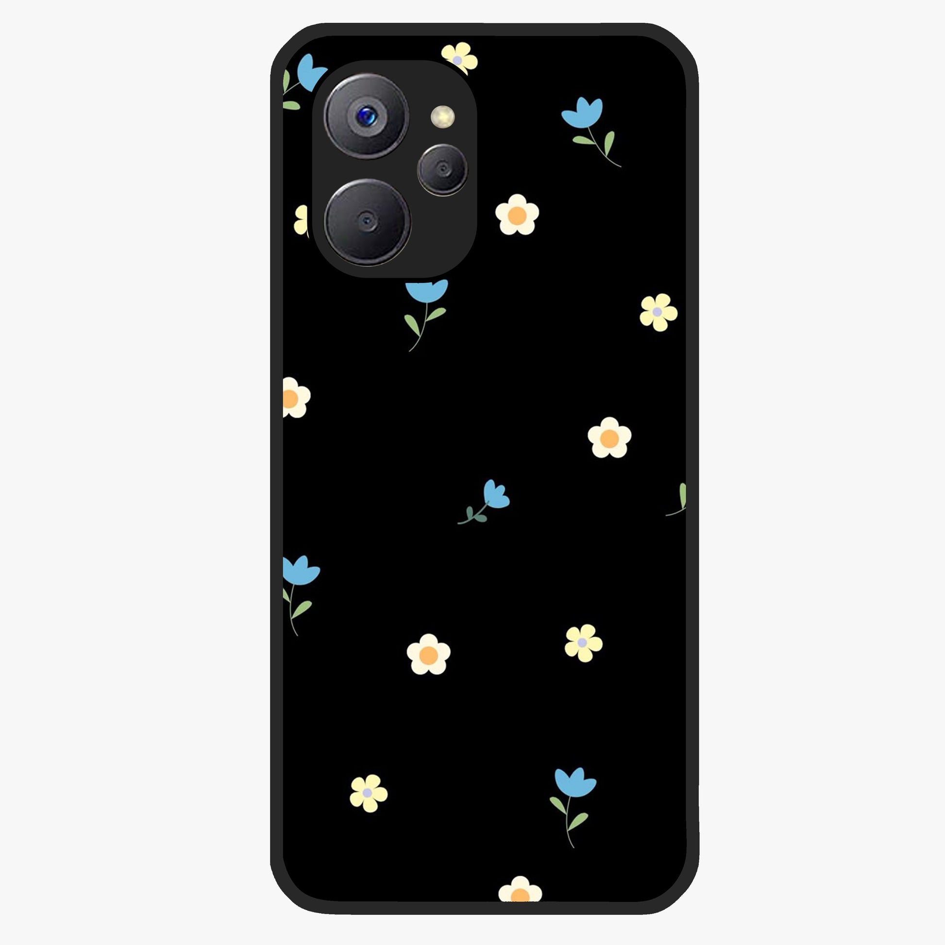 Minimalistic Blue With White Flower Pattern Glass Case showing flat back view with blue background and white flower pattern and glossy glass finish.