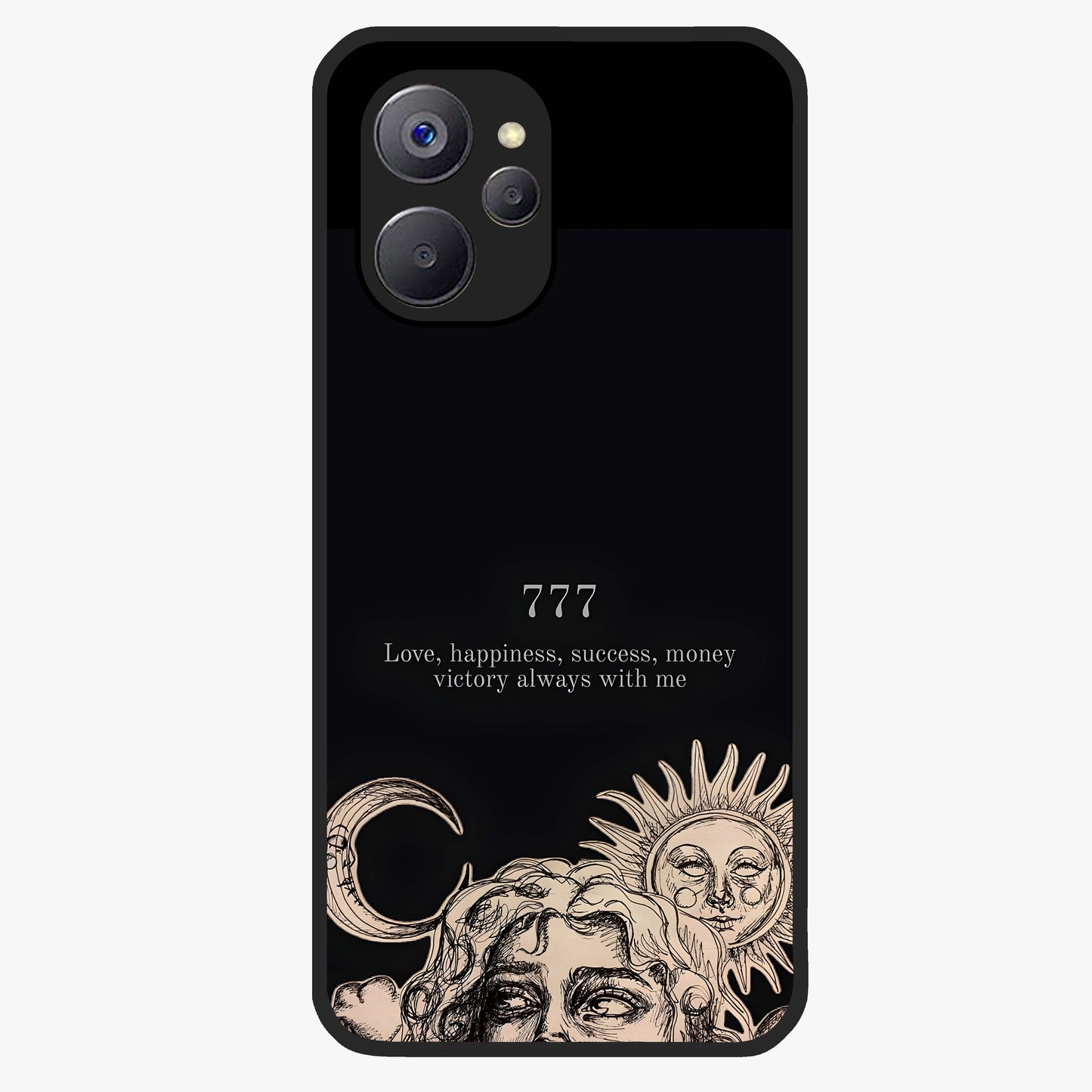 Mystic Victory Aura Glass Case showing flat back view with victory symbol artwork and glossy glass finish.