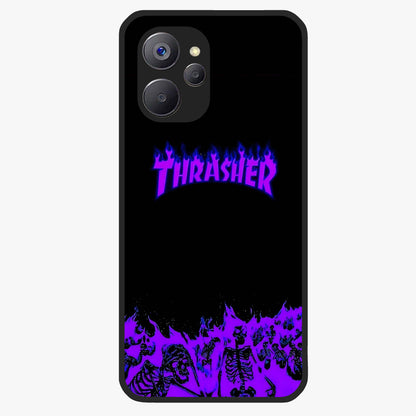 Neon Flame Riot Glass Case showing flat back view with neon flame artwork and glossy glass finish.