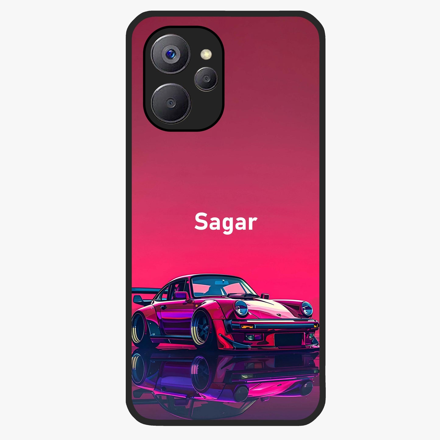 Neon Pink Porsche Glass Case showing flat back view with stylish sports car artwork and glossy glass finish.