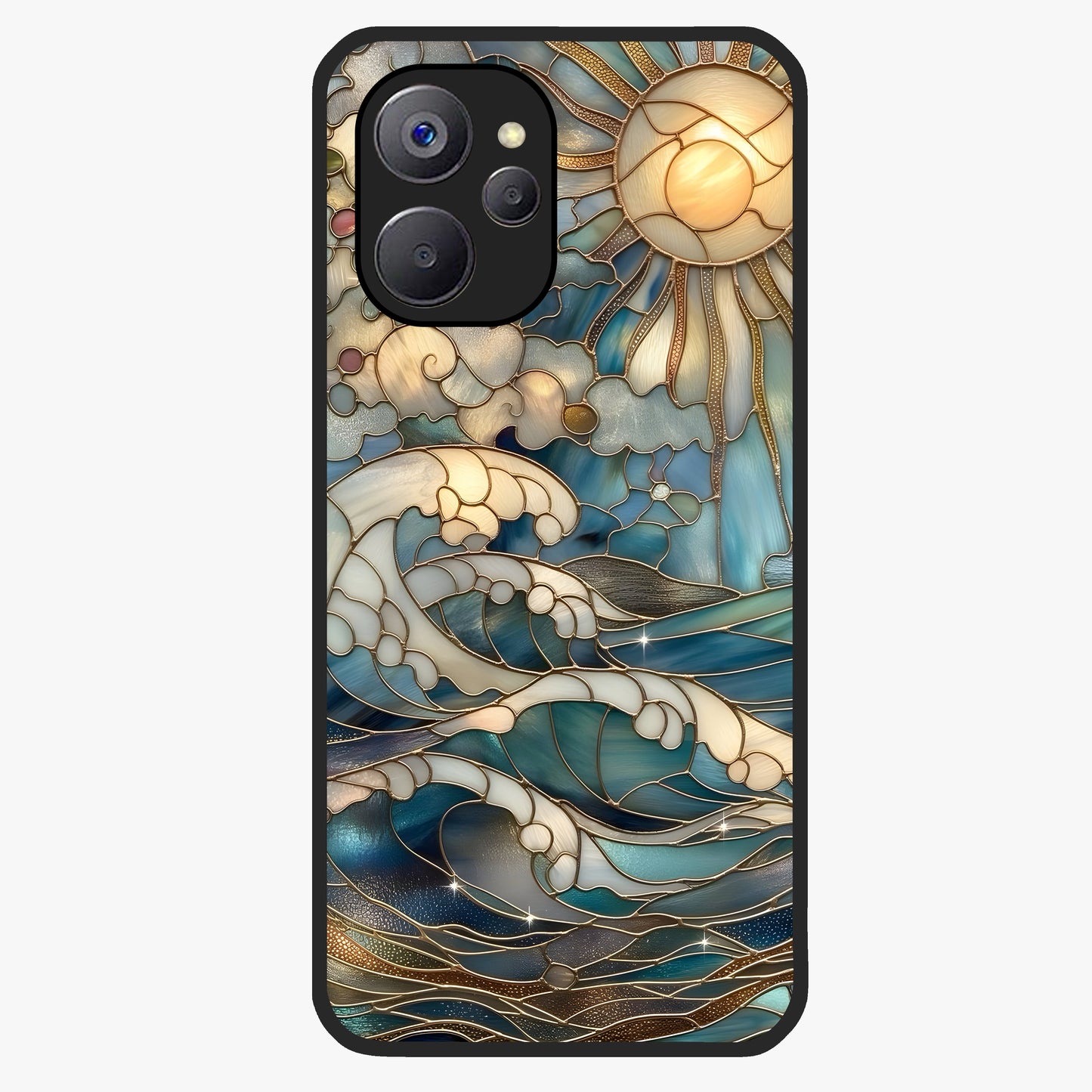 Oceanic Stained Printed Glass Case showing flat back view with ocean inspired stained pattern artwork and glossy glass finish.