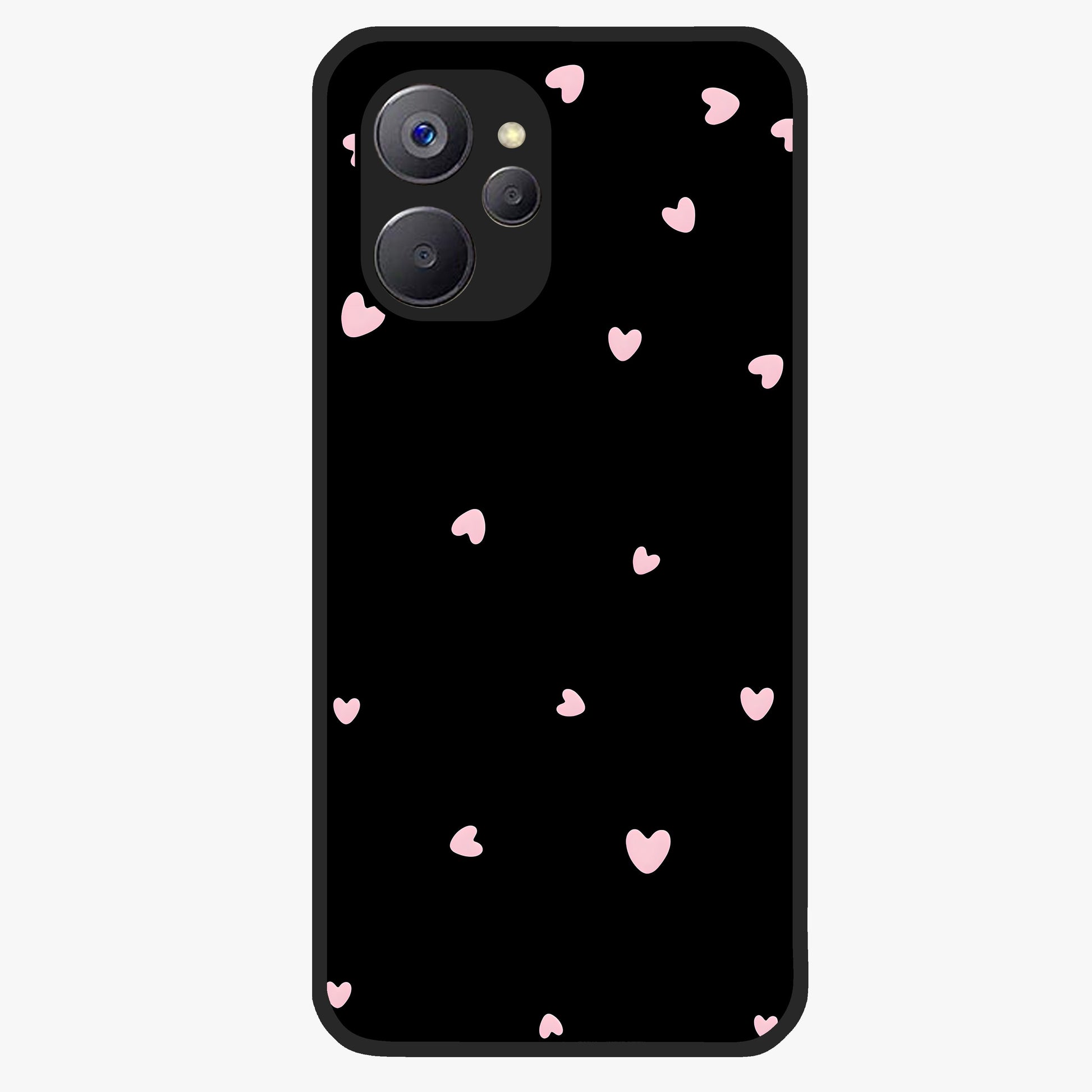 Pink Love Drops Glass Case showing flat back view with playful pink heart drops artwork and glossy glass finish.