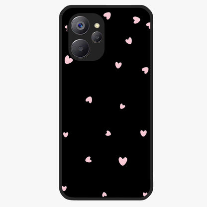 Pink Love Drops Glass Case showing flat back view with playful pink heart drops artwork and glossy glass finish.