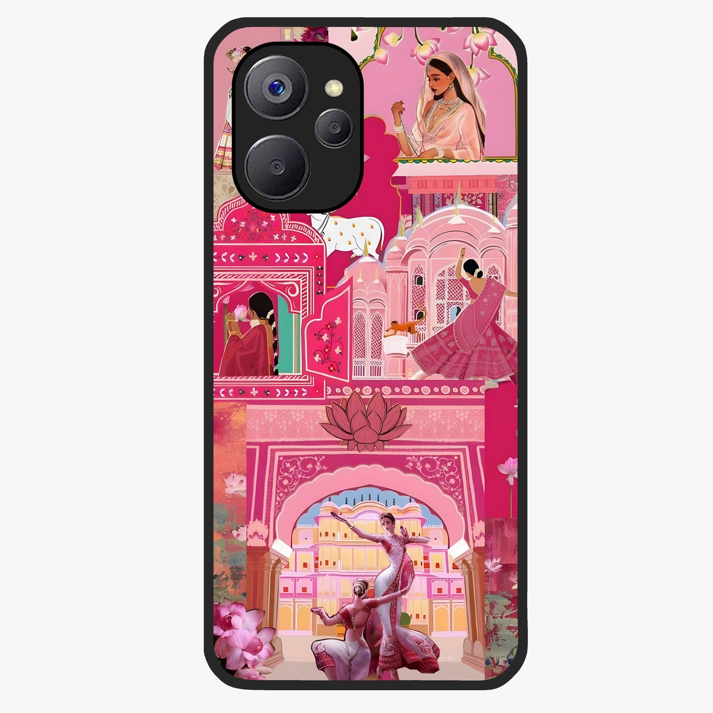 Pink Palace Muse Glass Case showing flat back view with elegant palace inspired artwork and glossy glass finish.