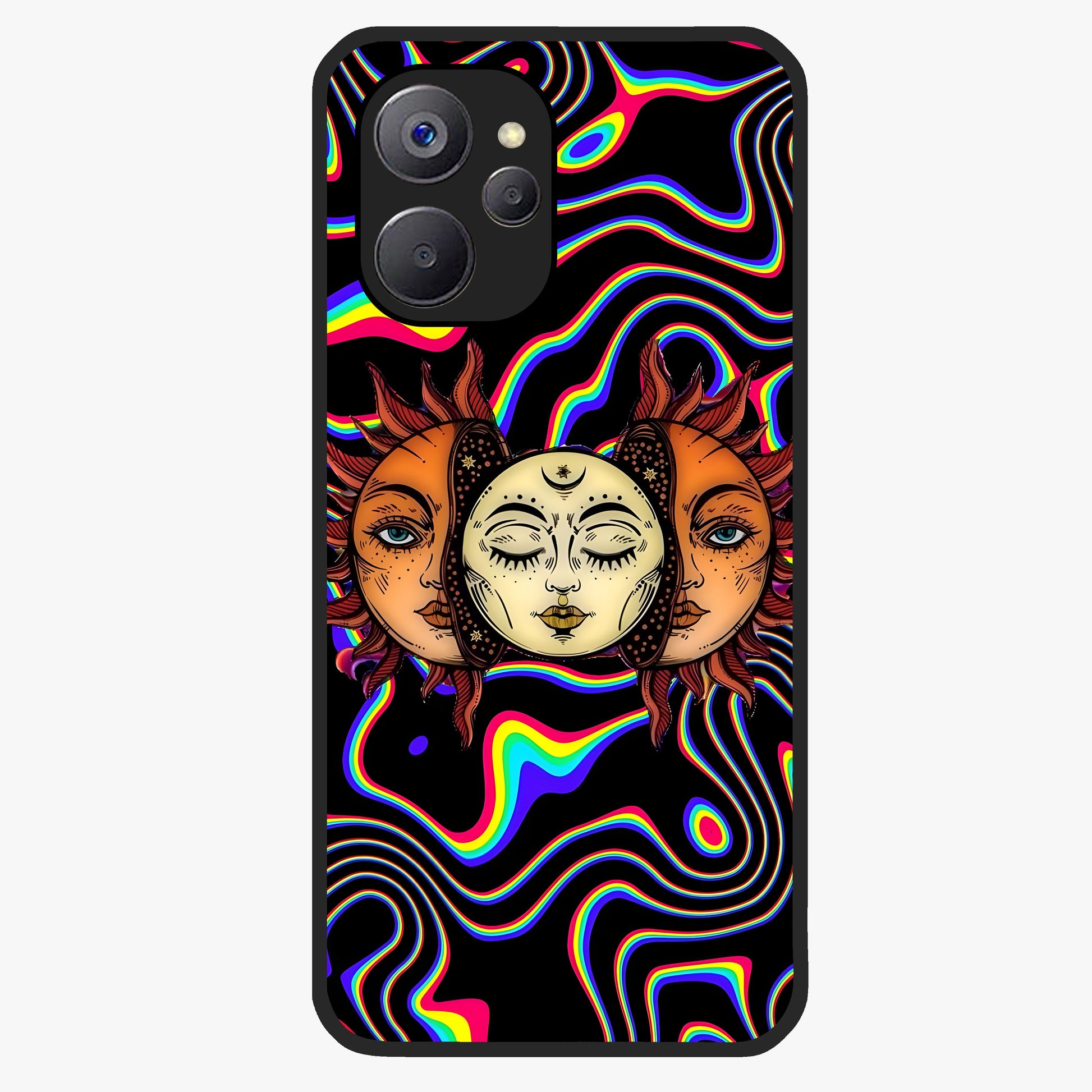 Psychedelic Sun Glass Case showing flat back view with colorful psychedelic sun artwork and glossy glass finish.