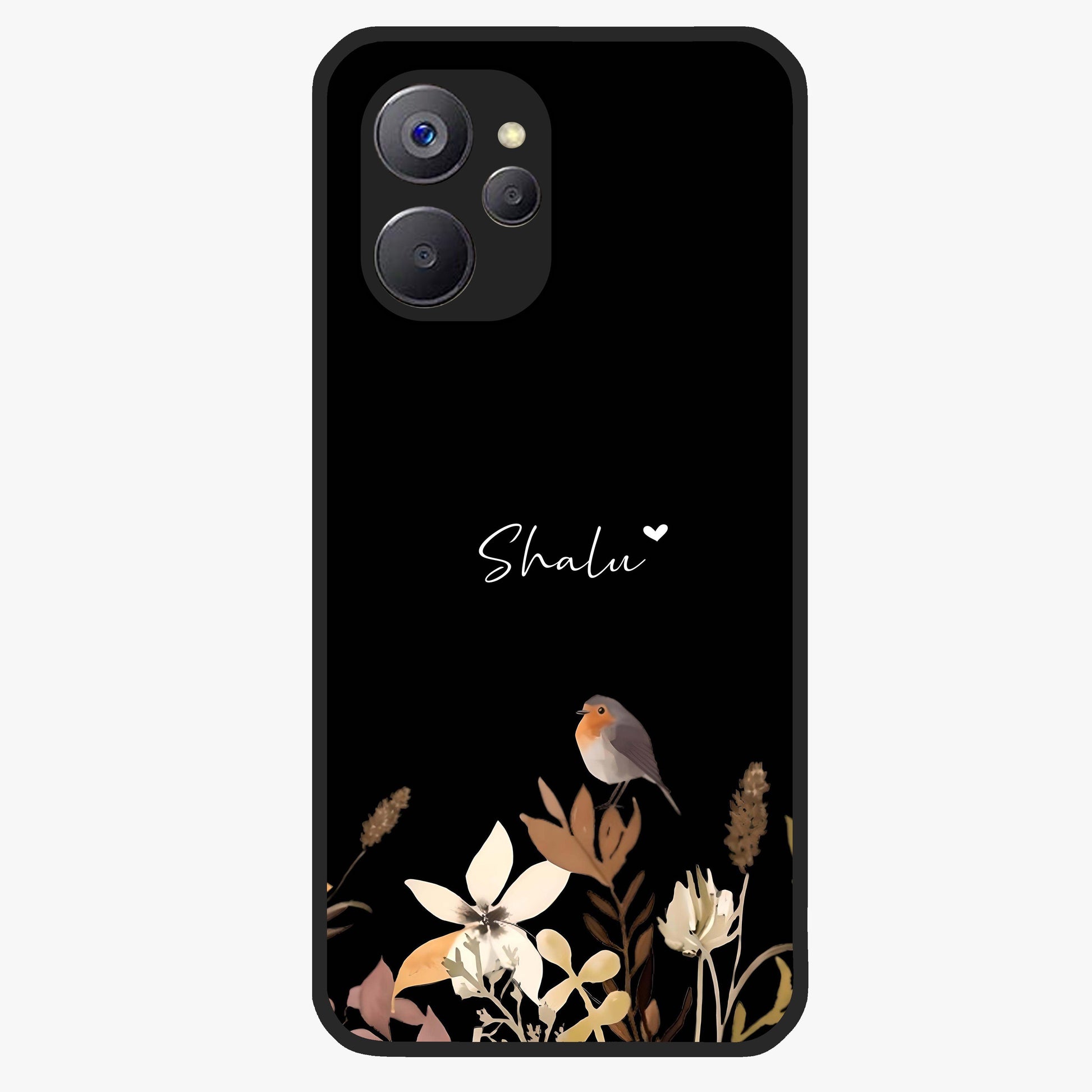 Quiet Garden Tune Custom Name Glass Case showing flat back view with peaceful garden artwork and personalized name design.