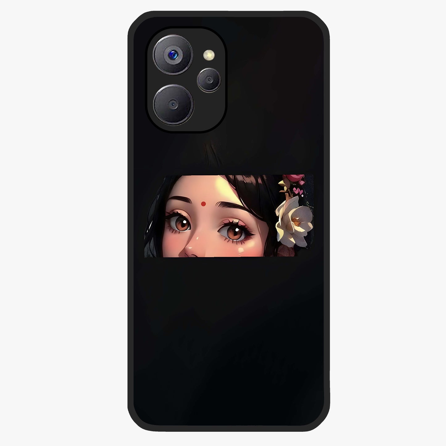 Radha Divine Embrace Glass Case showing flat back view with devotional Radha artwork and glossy glass finish.