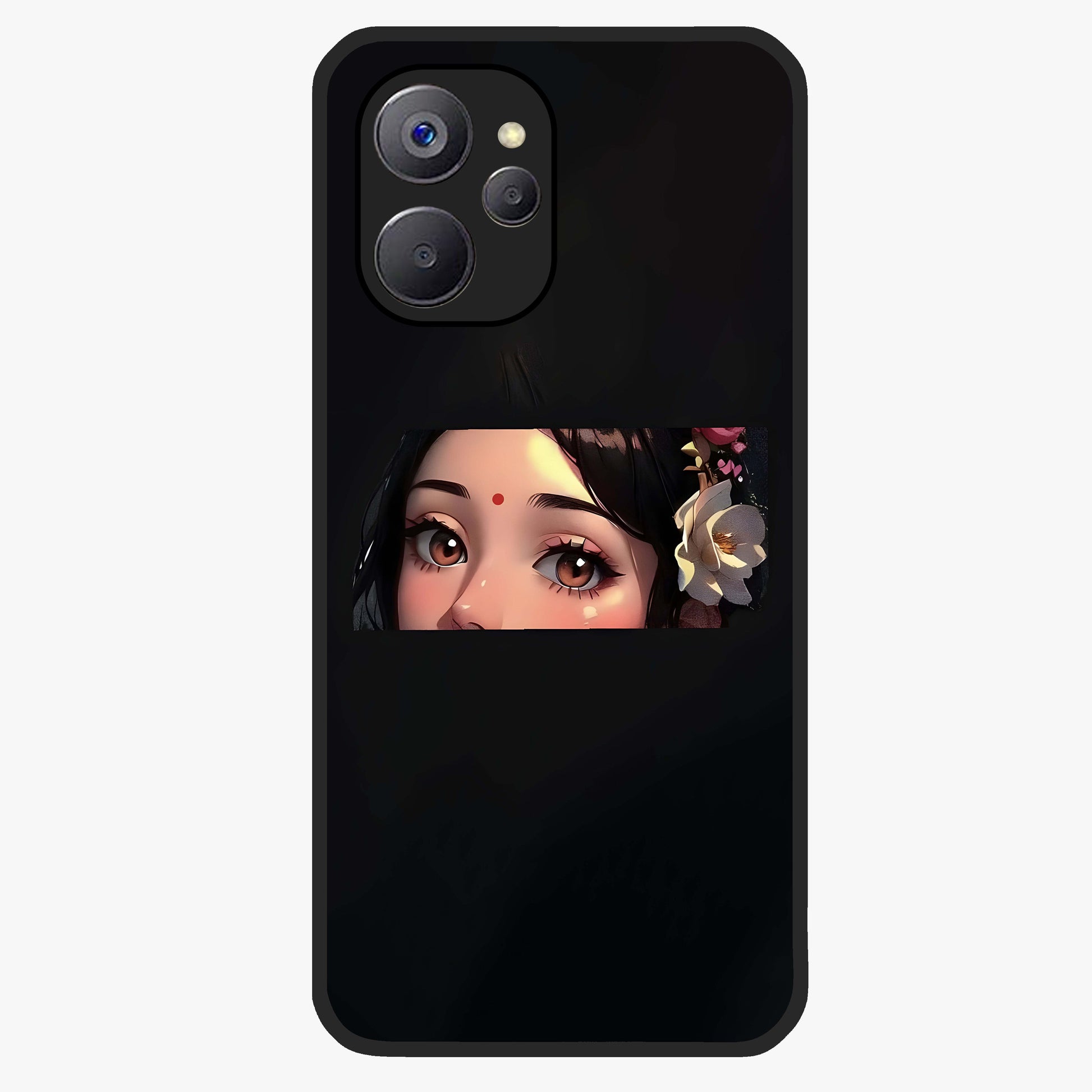 Radha Divine Embrace Glass Case showing flat back view with devotional Radha artwork and glossy glass finish.