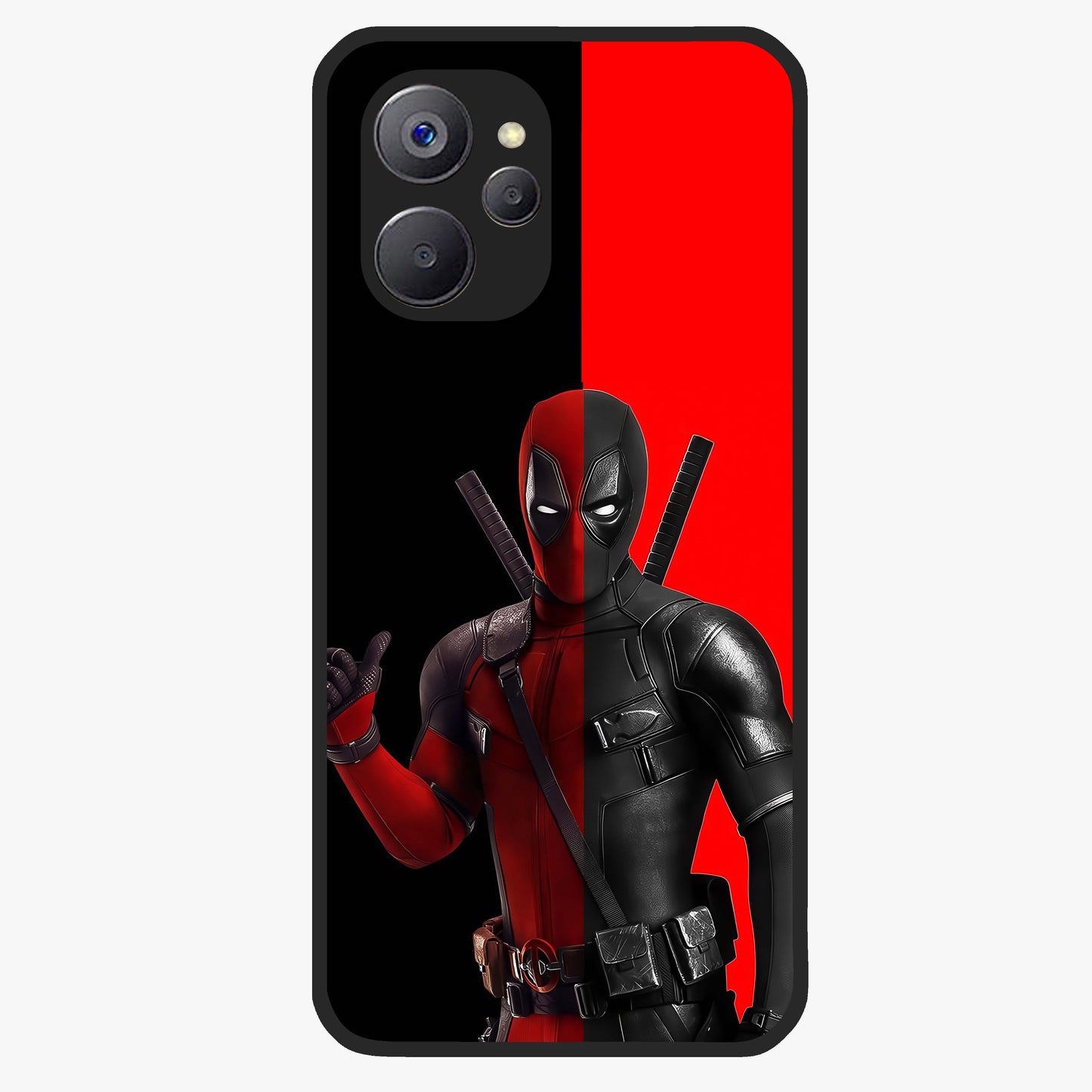 Red & Black Deadpool Theme Glass Case showing flat back view with bold comic inspired artwork and glossy glass finish.