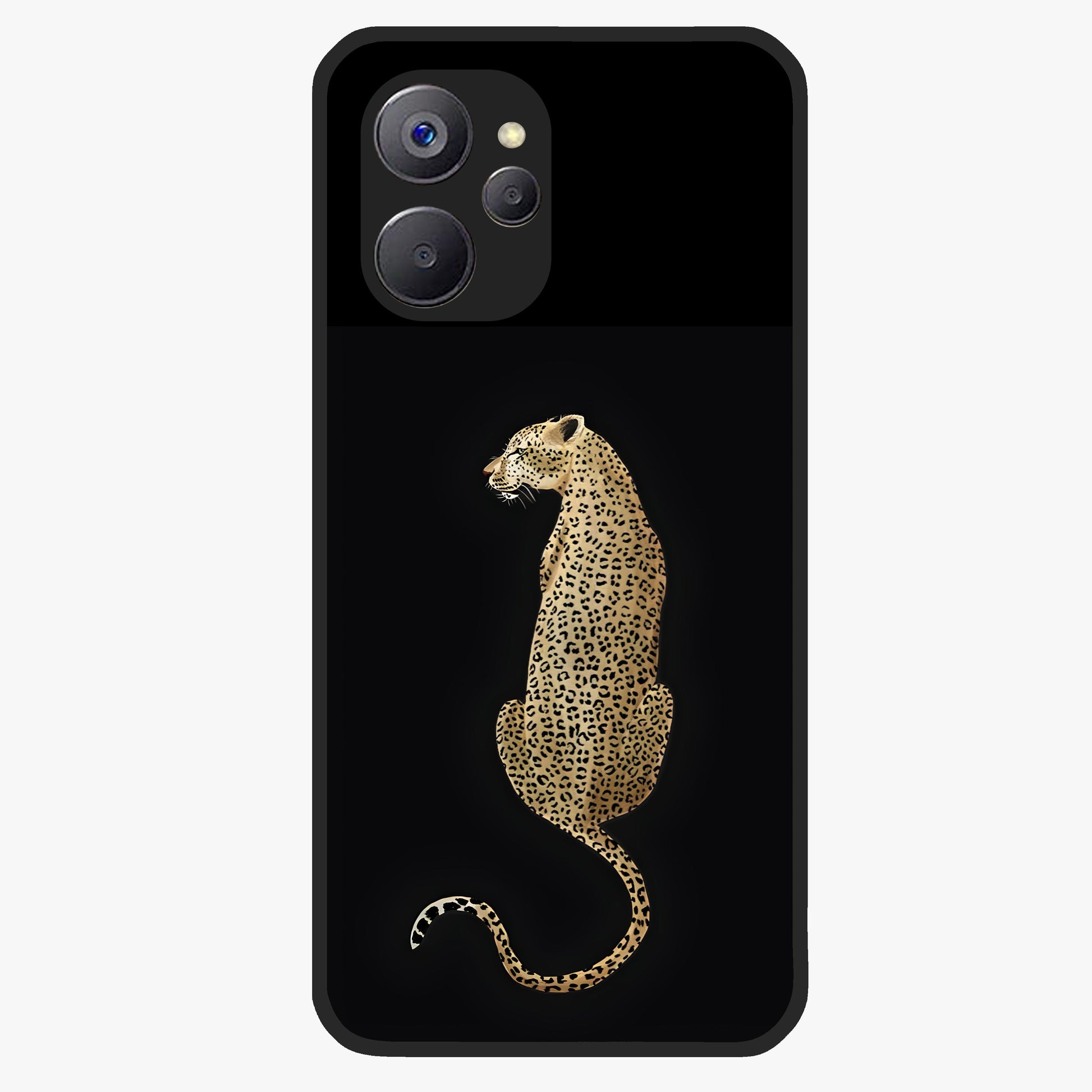Regal Leopard Glass Case showing flat back view with bold leopard artwork and glossy glass finish.