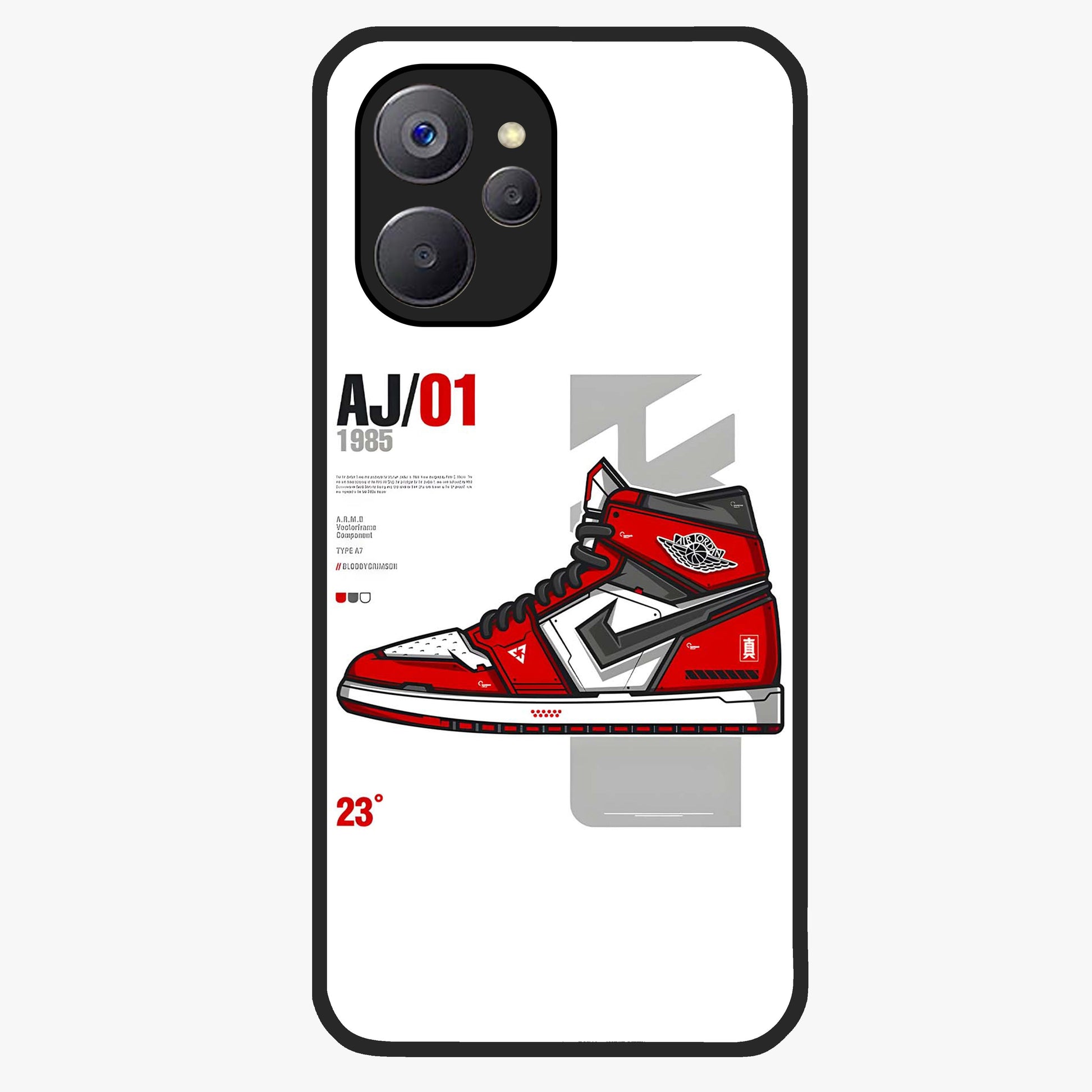 Retro Sneaker Blueprint Glass Case showing flat back view with sneaker blueprint style artwork and glossy glass finish.