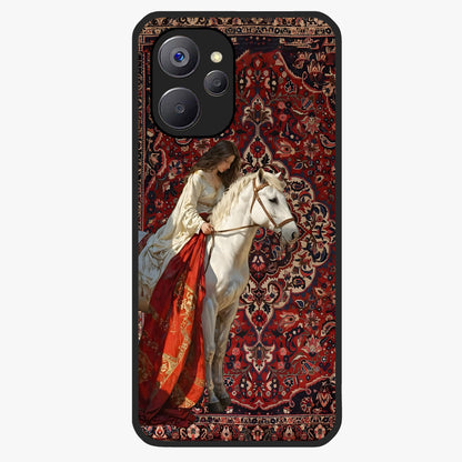 Royal Rider Tapestry Glass Case showing flat back view with majestic horse rider tapestry artwork and glossy glass finish.