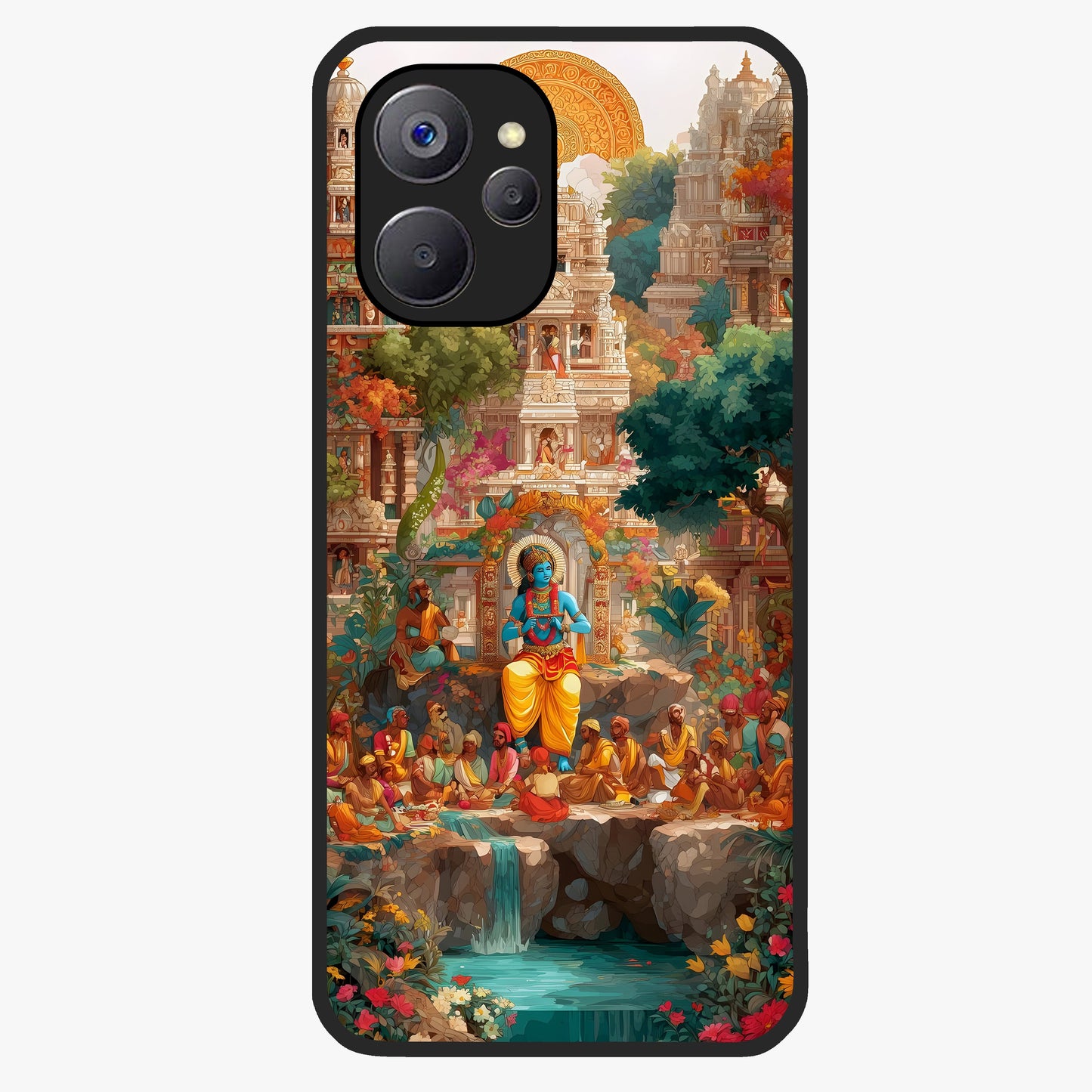 Sacred Sunlight Gods Glass Case showing flat back view with divine sunlight themed artwork and glossy glass finish.