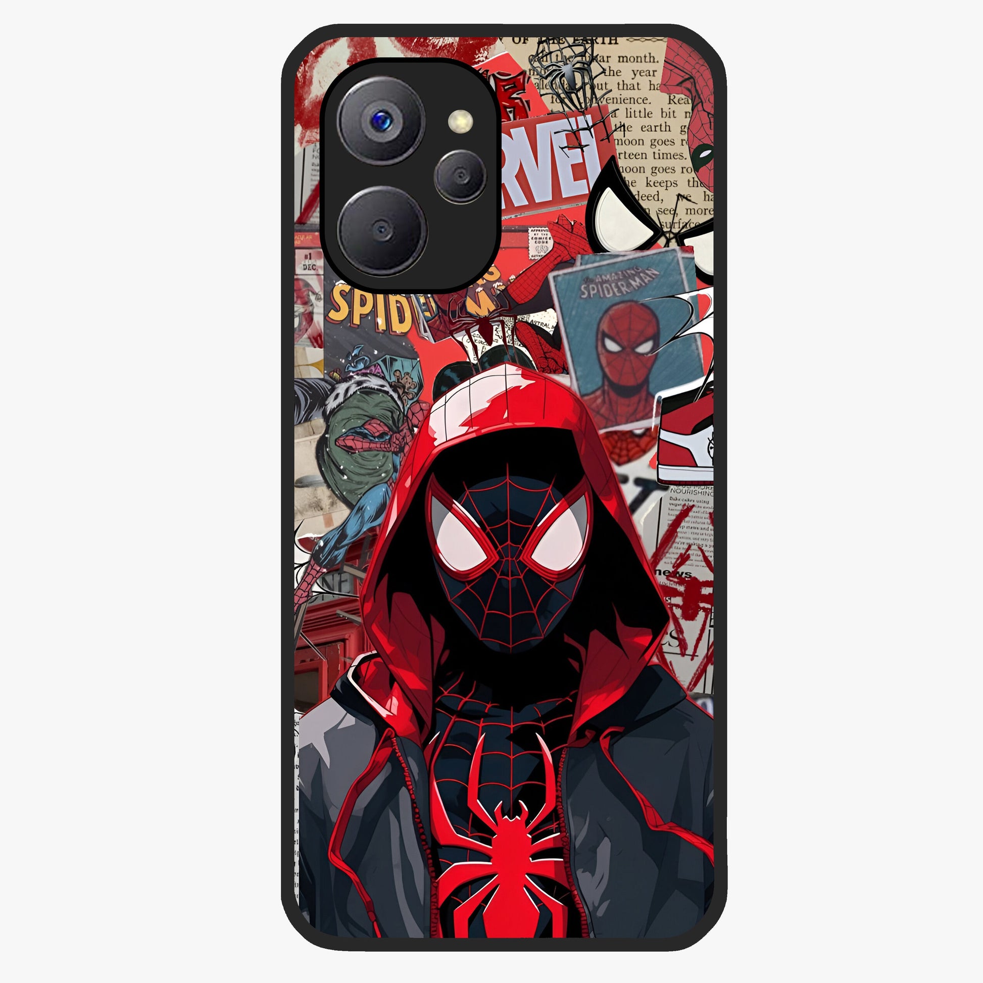 Spider Collage Street Glass Case showing flat back view with vibrant superhero collage artwork and glossy glass finish.