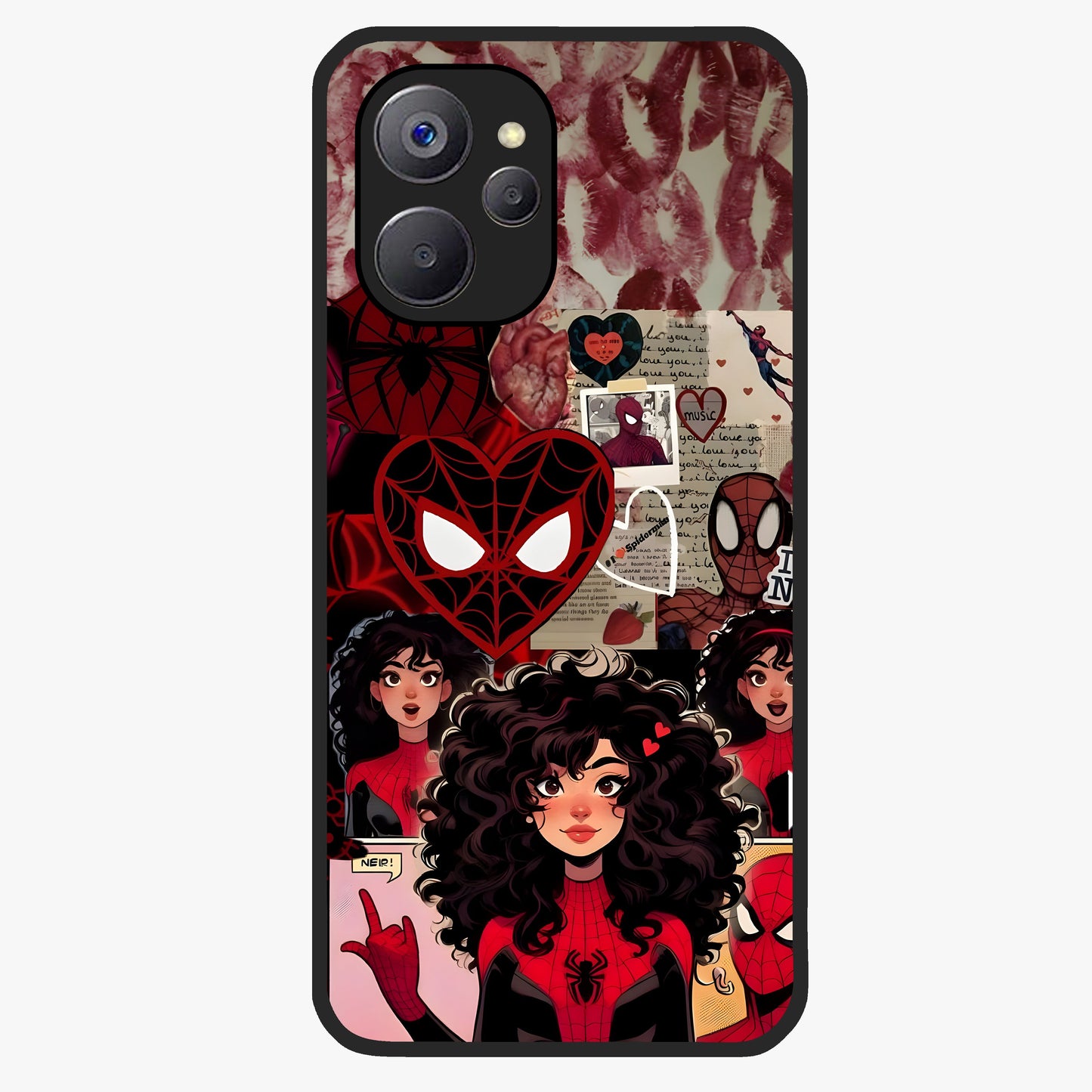 Spider Love Story Glass Case showing flat back view with romantic superhero themed artwork and glossy glass finish.