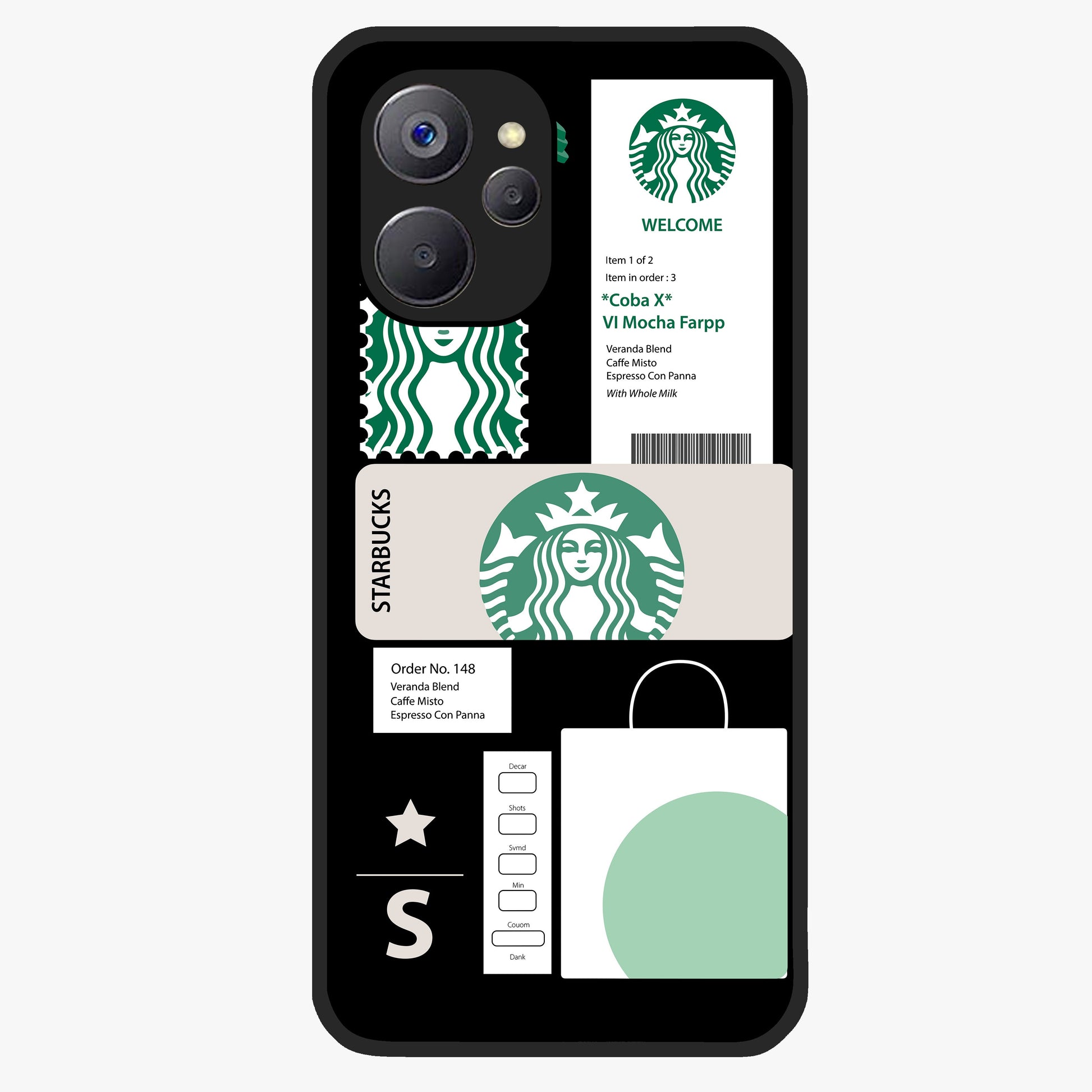 Starbucks Mocha Glass Case showing flat back view with coffee inspired artwork and glossy glass finish.