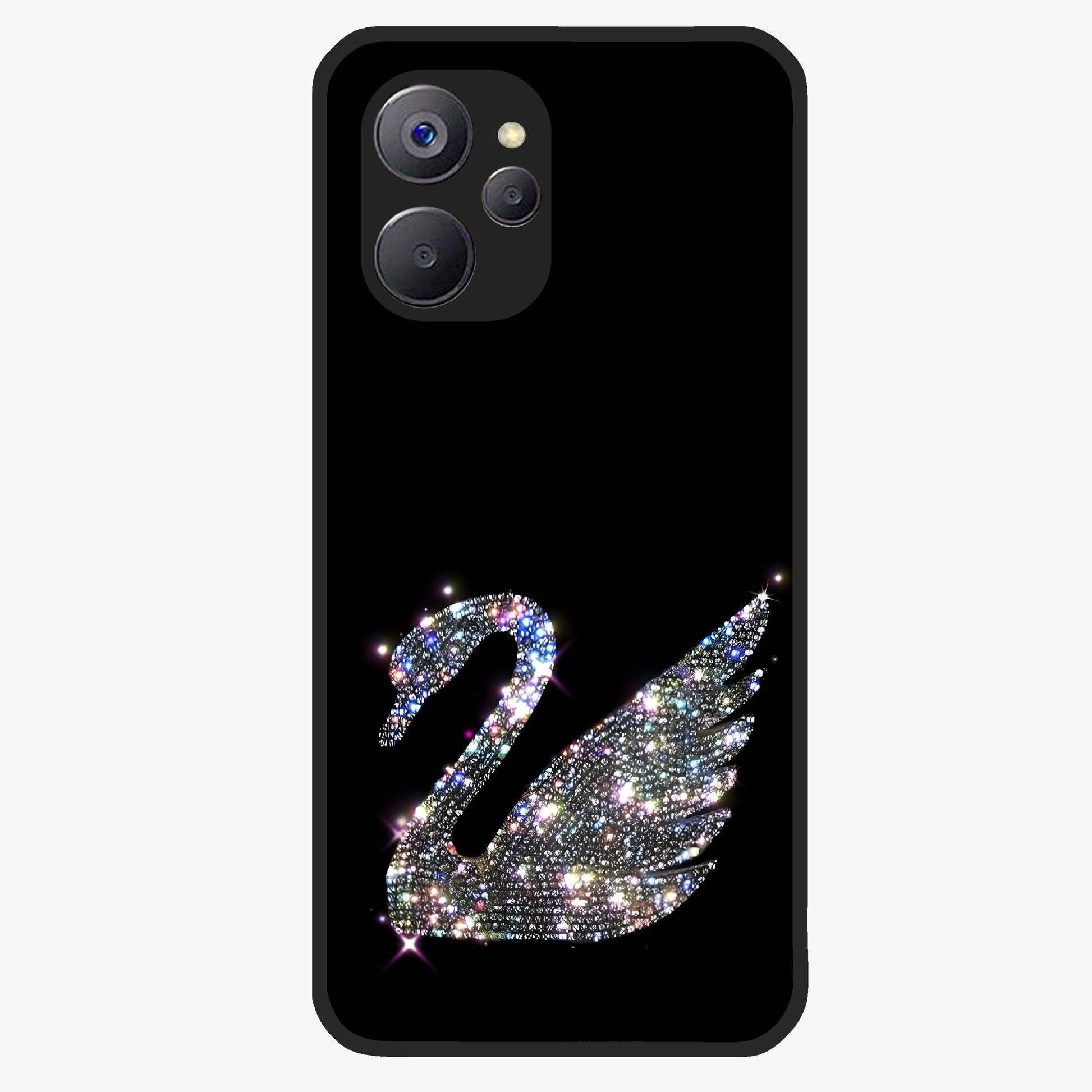 Starlit Swan Grace Glass Case showing flat back view with graceful swan artwork under starry sky and glossy glass finish.