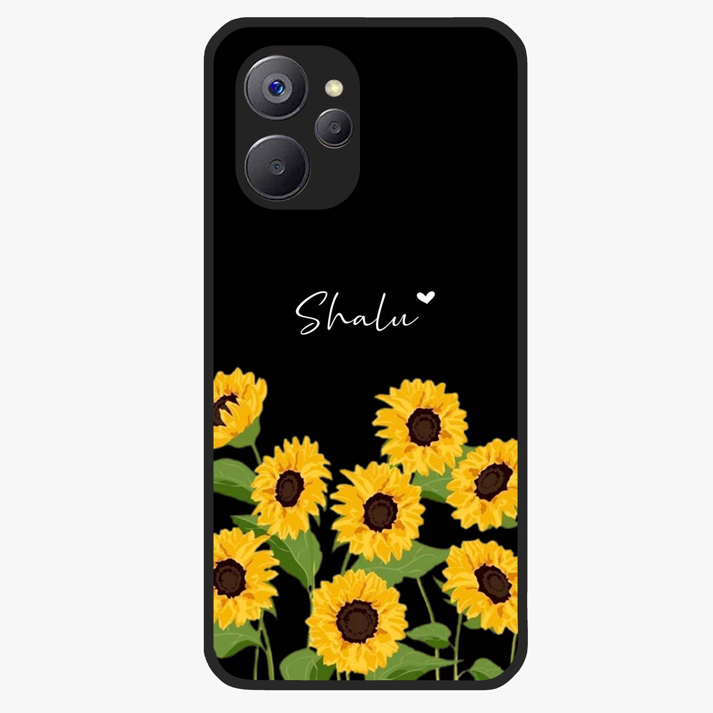 Sunflower Chic Mood Custom Name Glass Case showing flat back view with stylish sunflower artwork and personalized name design.