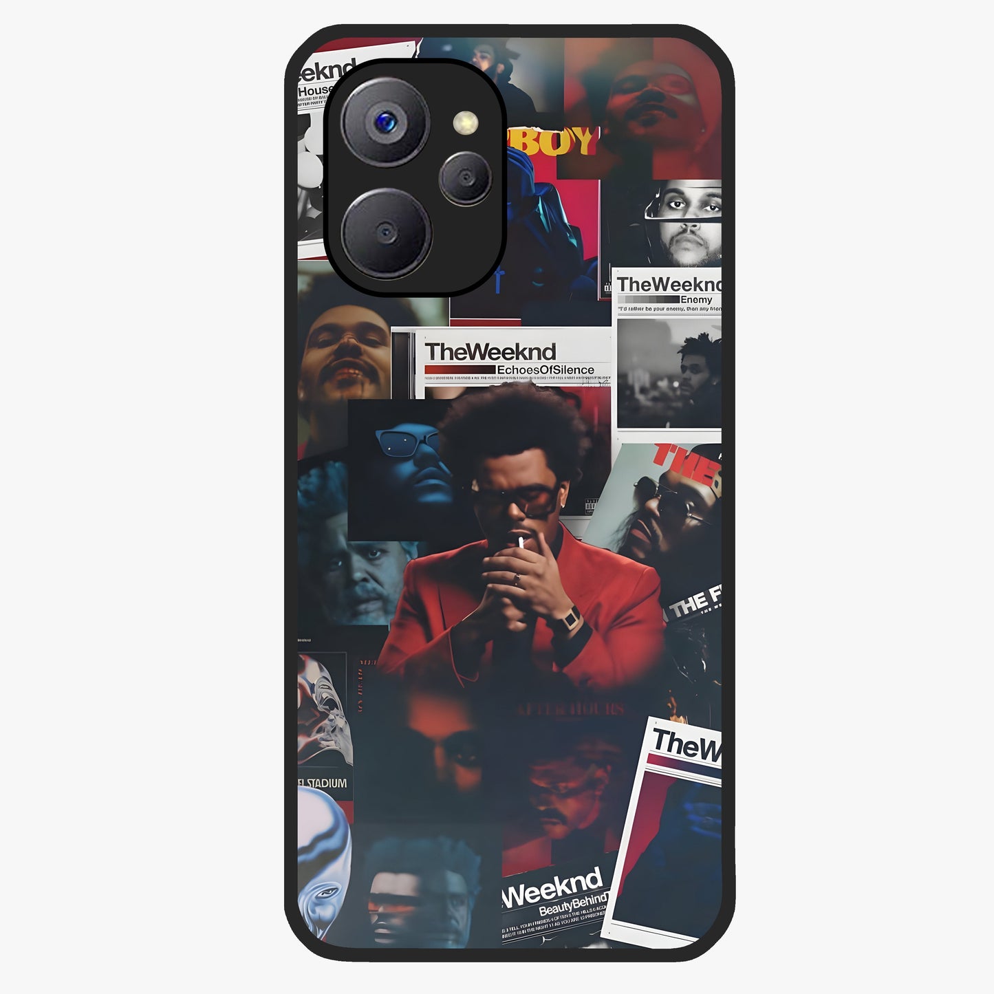 The Weeknd Glass Case showing flat back view with music inspired artistic portrait artwork and glossy glass finish.