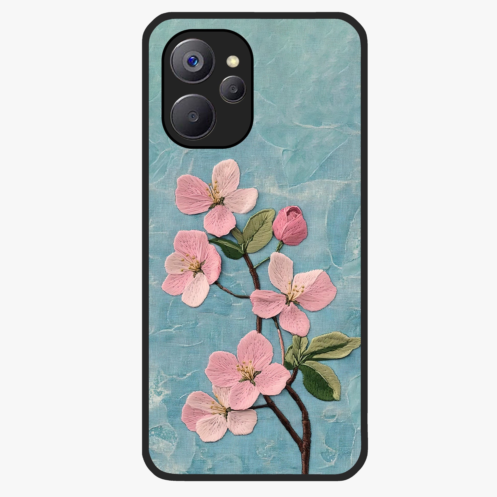 Threaded Blossom Breeze Glass Case showing flat back view with delicate blossom artwork and glossy glass finish.
