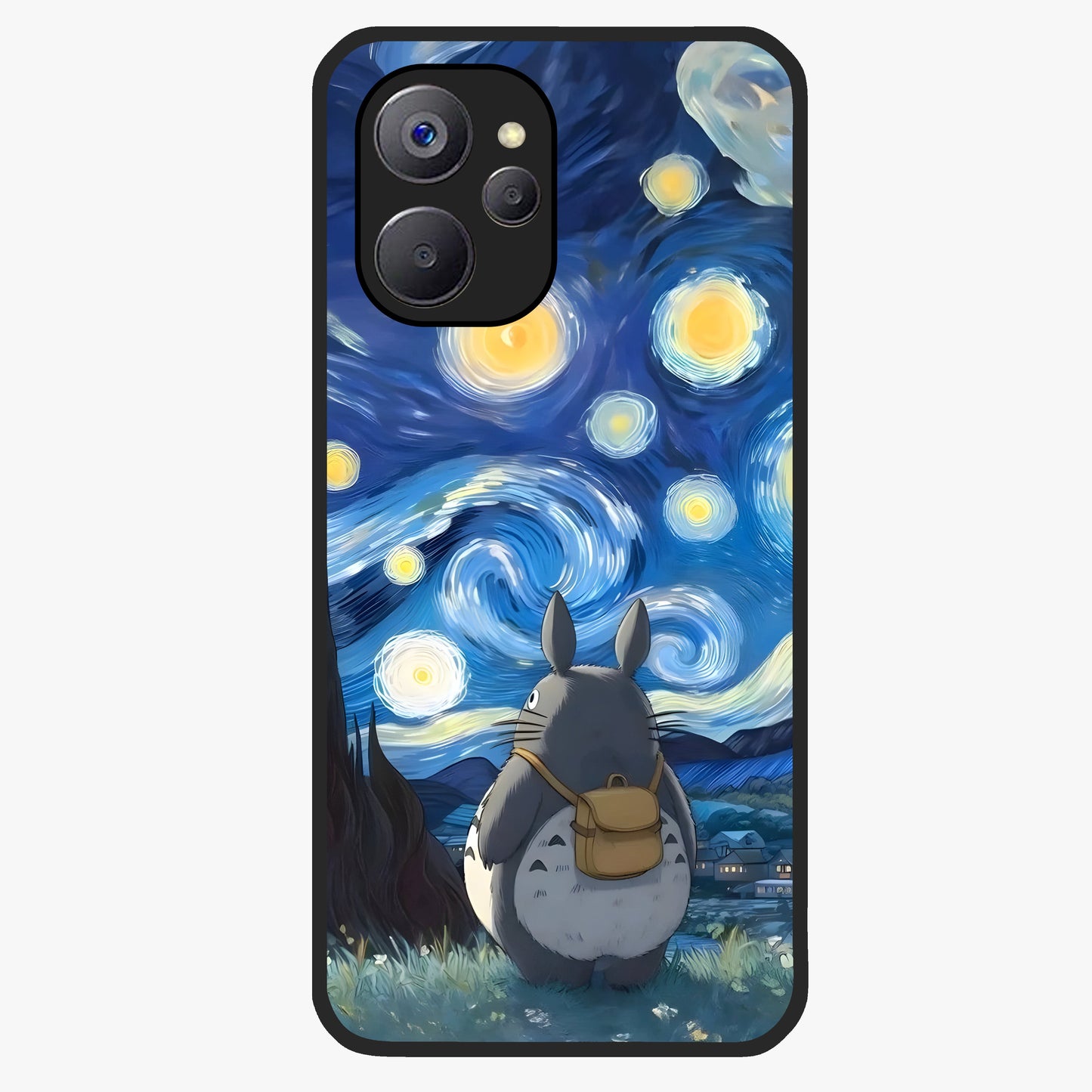 Totoro In Van Gogh Art Glass Case showing flat back view with whimsical character artwork inspired by Van Gogh style and glossy glass finish.