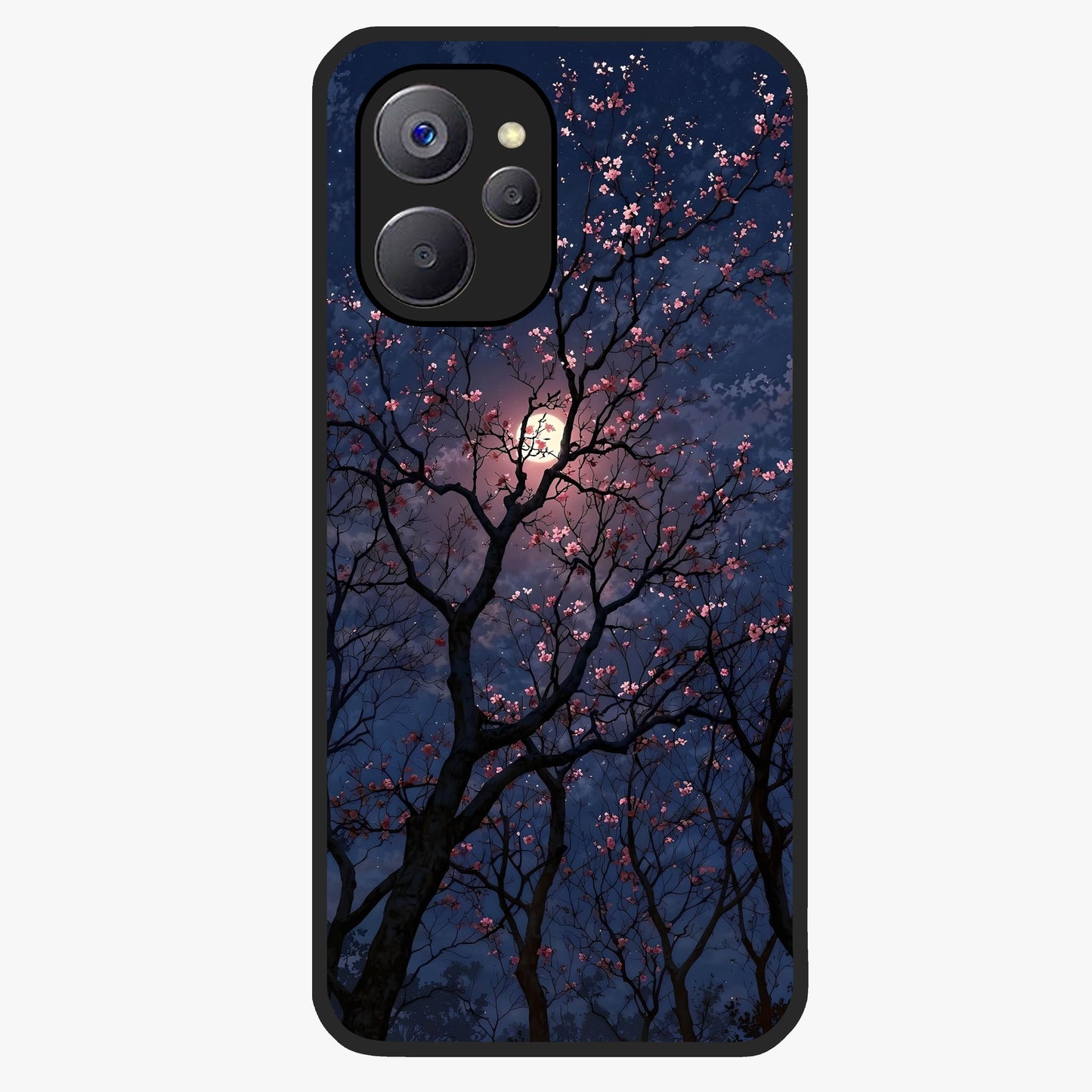 Twilight Sakura Serenade Glass Case showing flat back view with cherry blossom artwork at twilight and glossy glass finish.