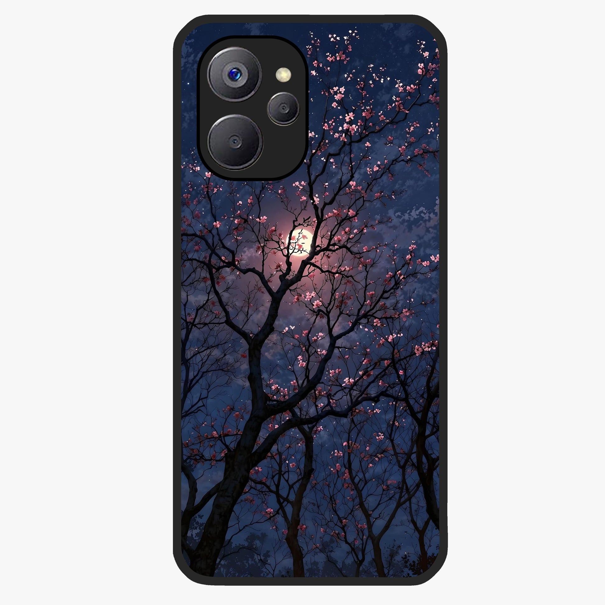 Twilight Sakura Serenade Glass Case showing flat back view with cherry blossom artwork at twilight and glossy glass finish.