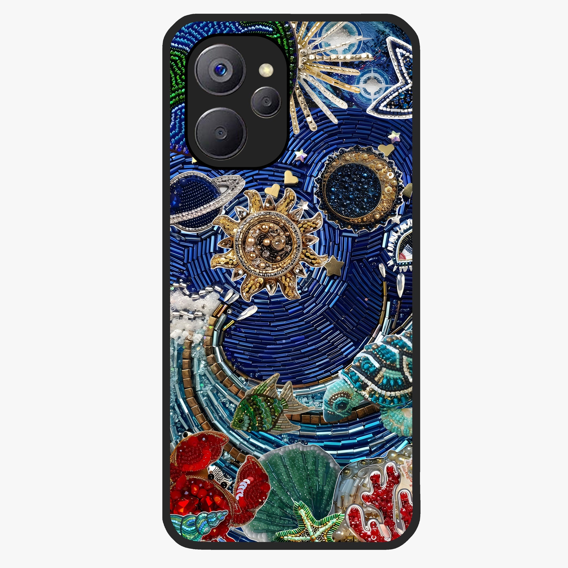 Universe Underwater Spark Glass Case showing flat back view with cosmic underwater themed artwork and glossy glass finish.
