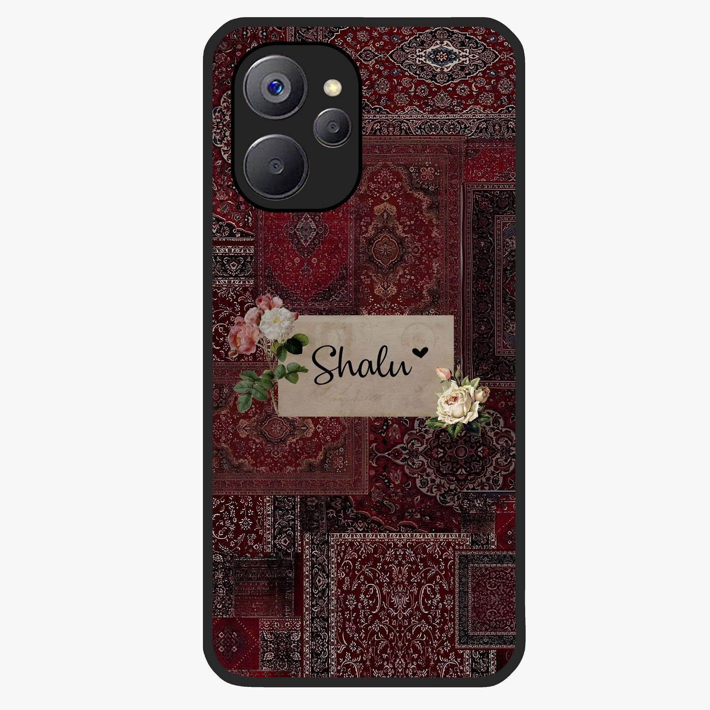 Velvet Wine Pattern Custom Name Glass Case showing flat back view with elegant wine colored pattern artwork and personalized name design.