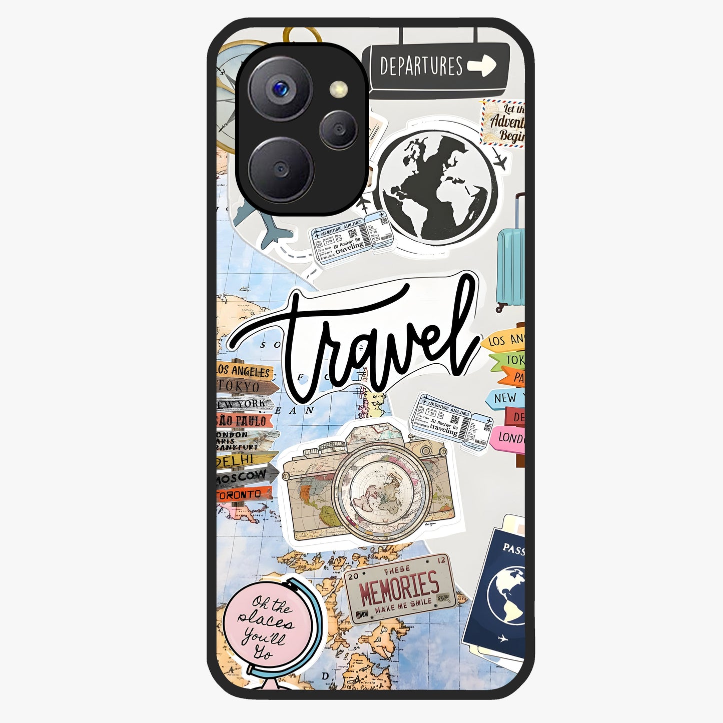 Wanderlust Journal Glass Case showing flat back view with travel inspired artwork and glossy glass finish.