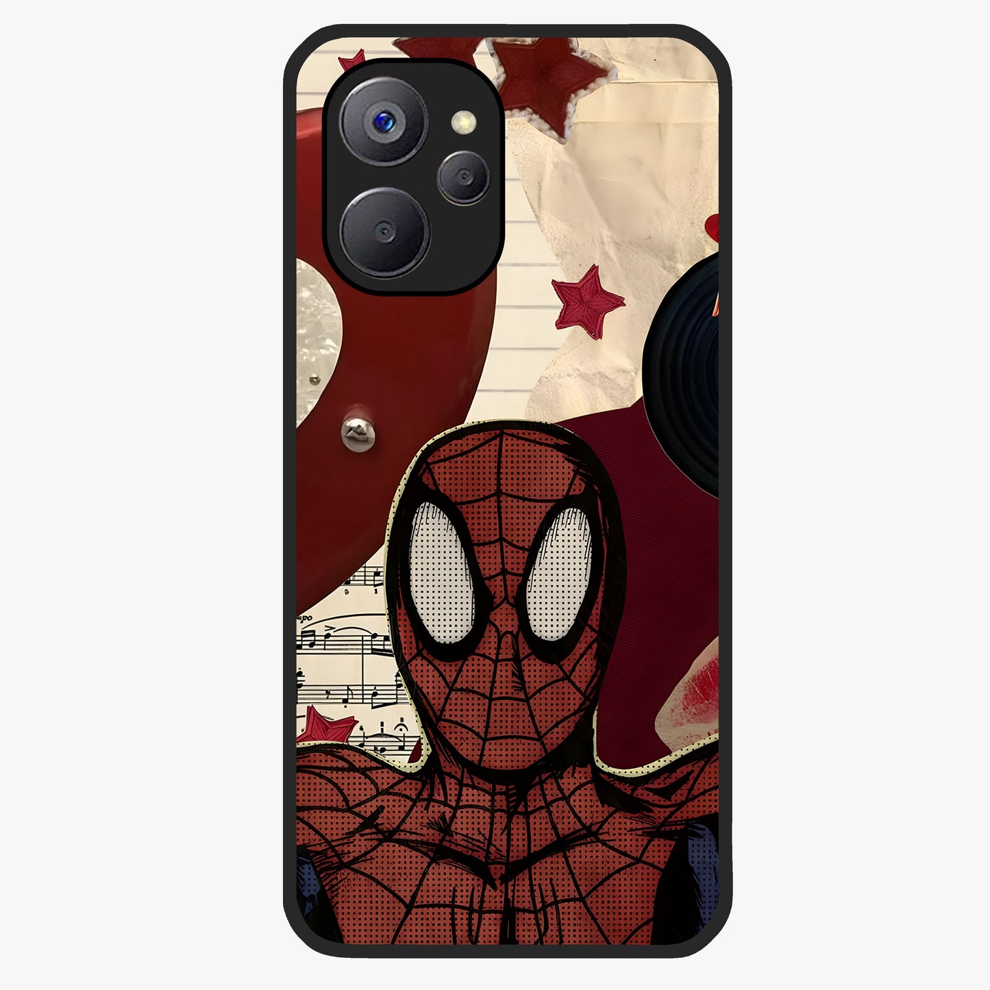 Web Warrior Vibes Glass Case showing flat back view with superhero inspired web themed artwork and glossy glass finish.