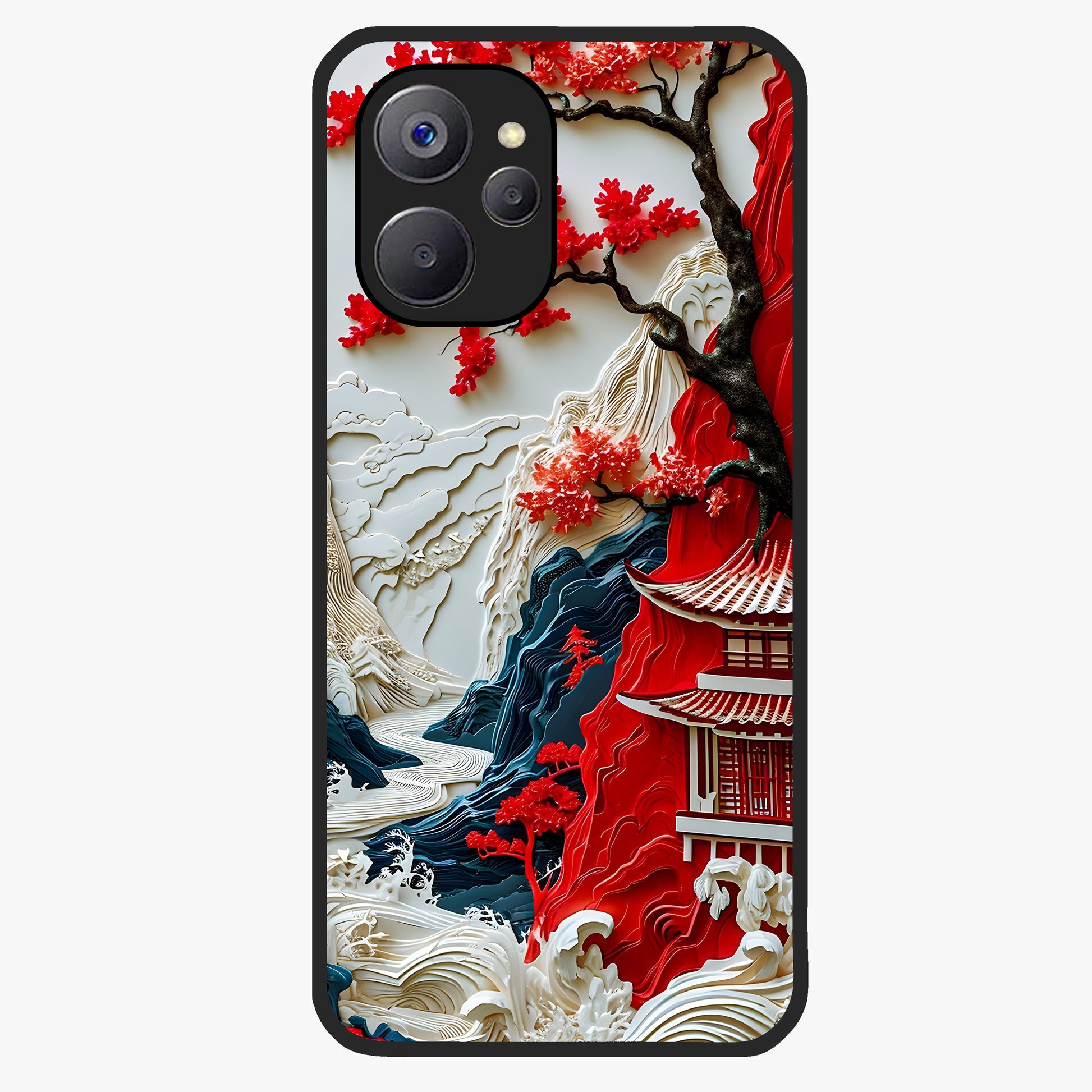 Whispers Of Sakura Waves Glass Case showing flat back view with cherry blossom wave artwork and glossy glass finish.